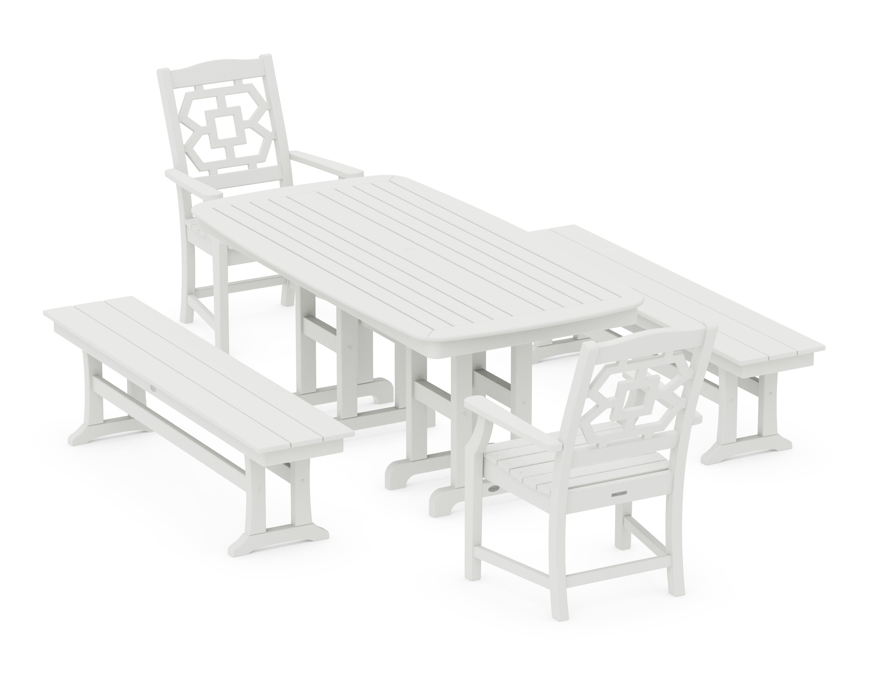 Chinoiserie 5-Piece Dining Set with Benches in Vintage White