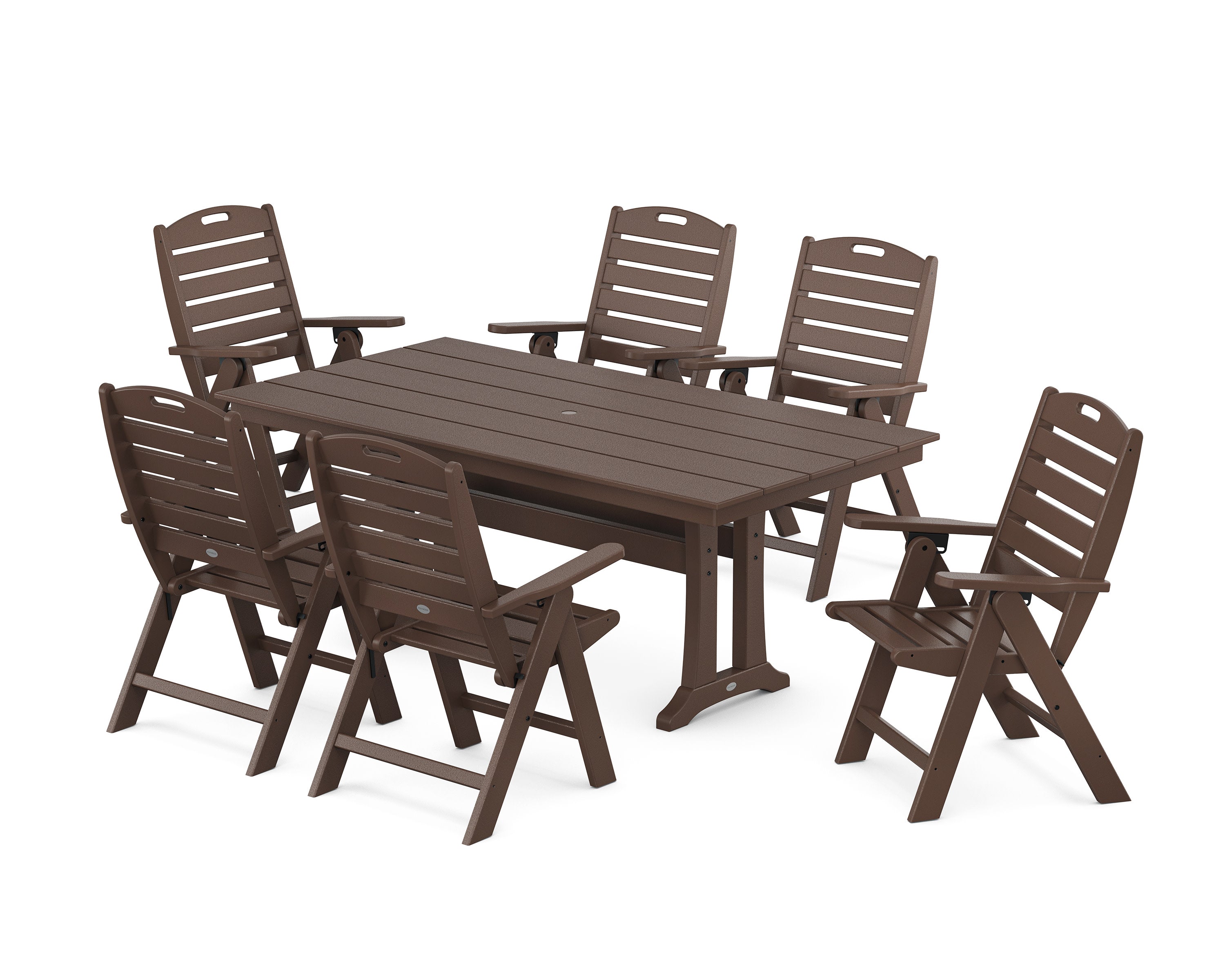 Nautical Highback 7-Piece Farmhouse Dining Set with Trestle Legs in Mahogany