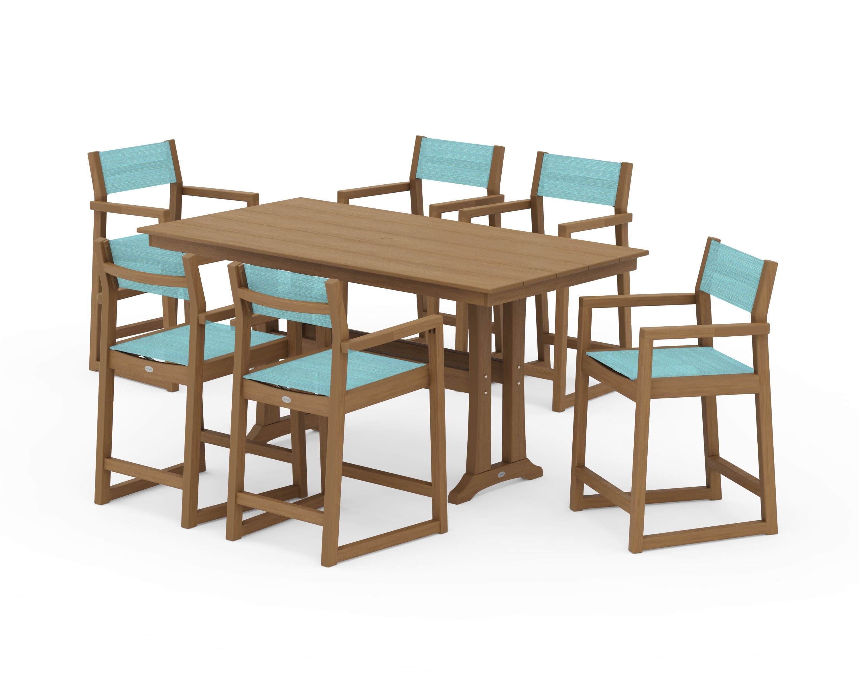 EDGE Sling Arm Chair 7-Piece Farmhouse Counter Set with Trestle Legs in Natural / Dupioni Aquamarine Sling