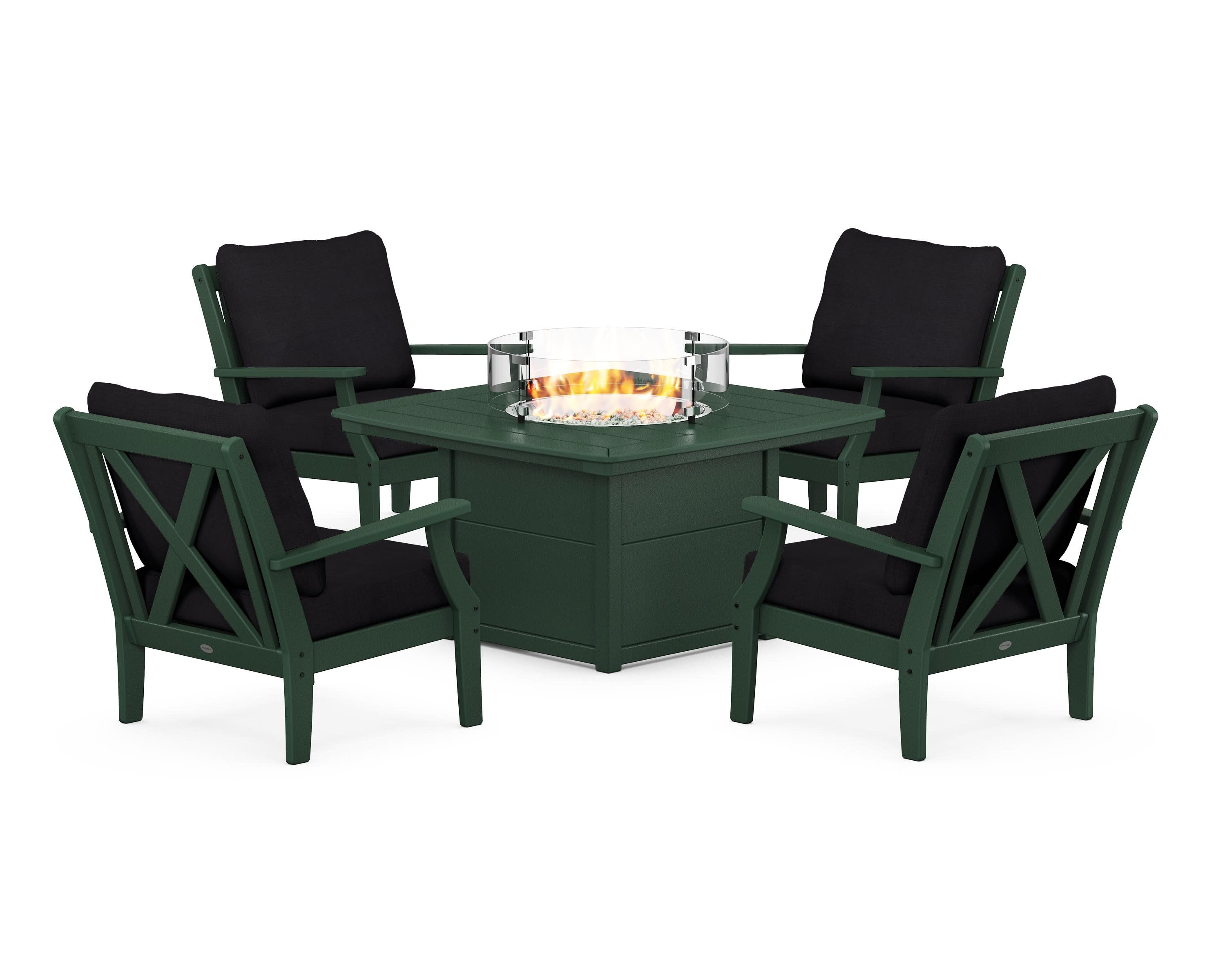 Braxton 5-Piece Deep Seating Conversation Set with Fire Pit Table in Green / Midnight Linen