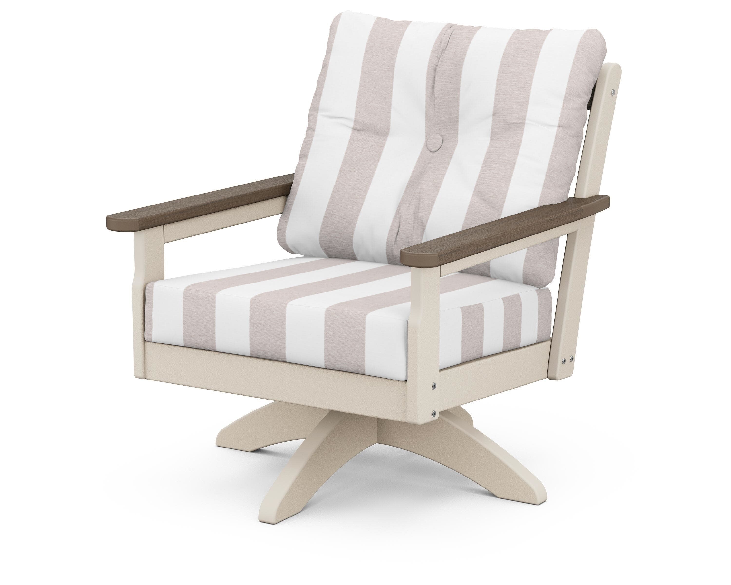 Vineyard Deep Seating Swivel Chair in Sand / Kona / Cabana Stripe Dune Burlap