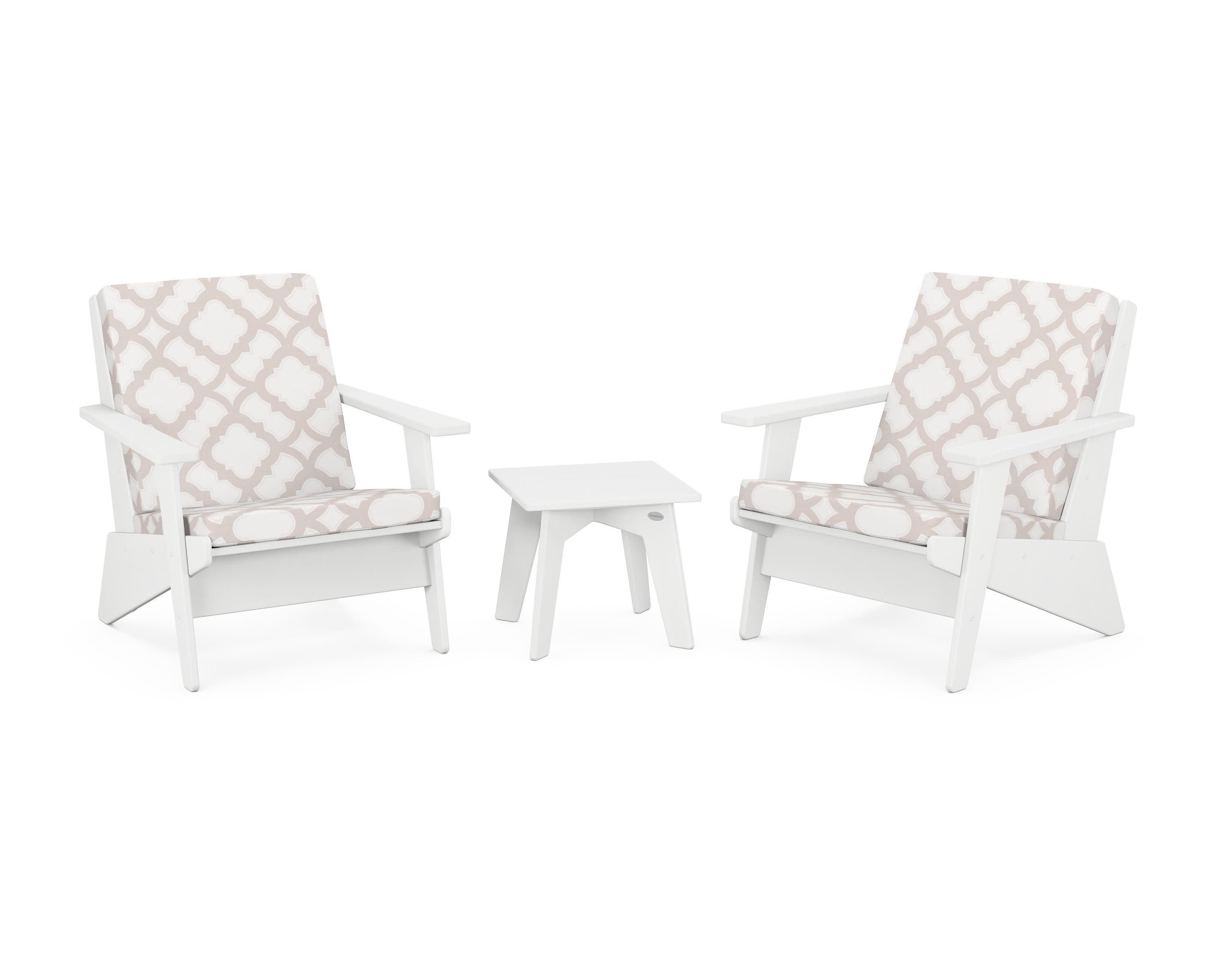 Riviera Modern Lounge 3-Piece Set in White / Trellis Dune Burlap
