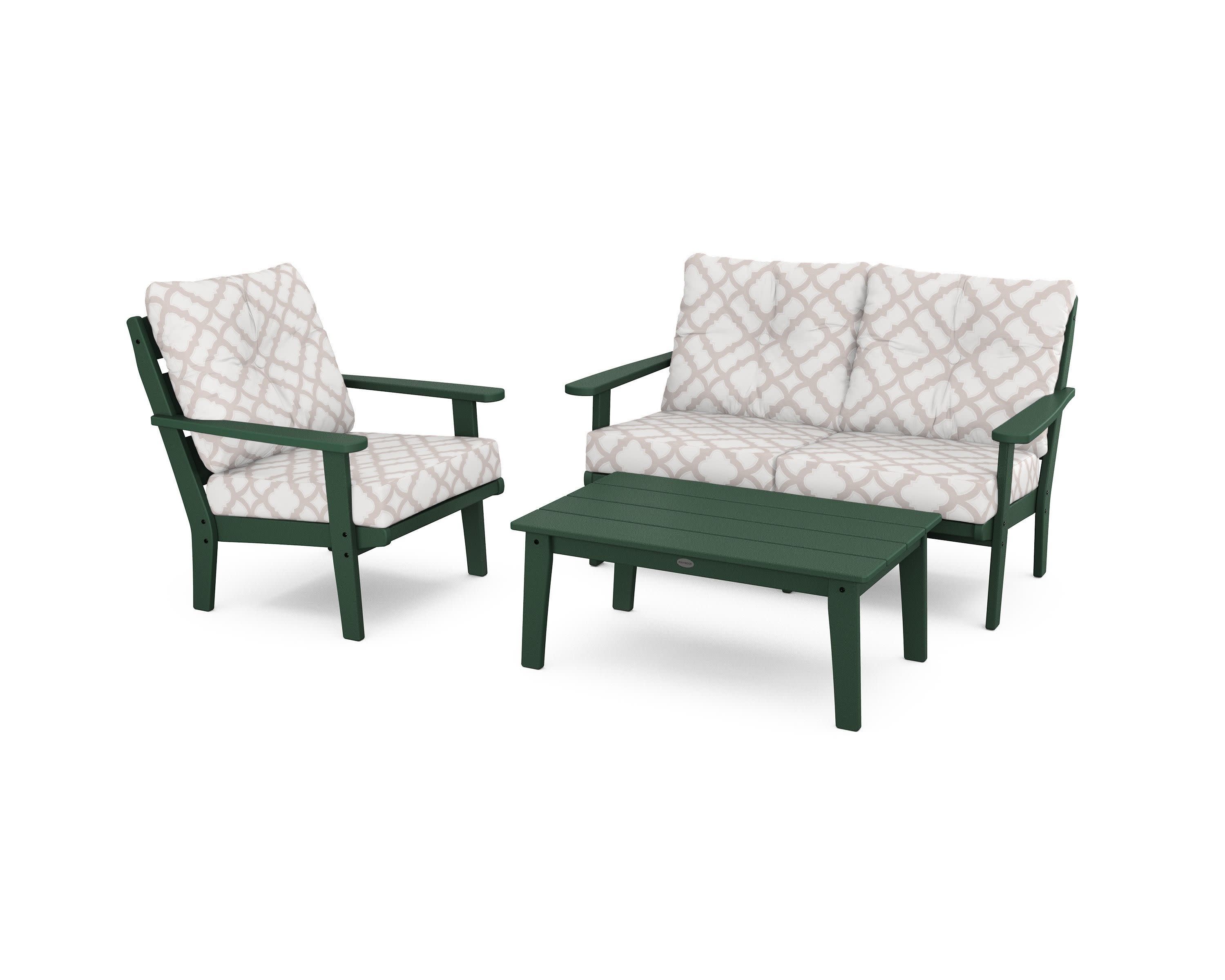 Lakeside 3-Piece Deep Seating Set in Green / Trellis Dune Burlap