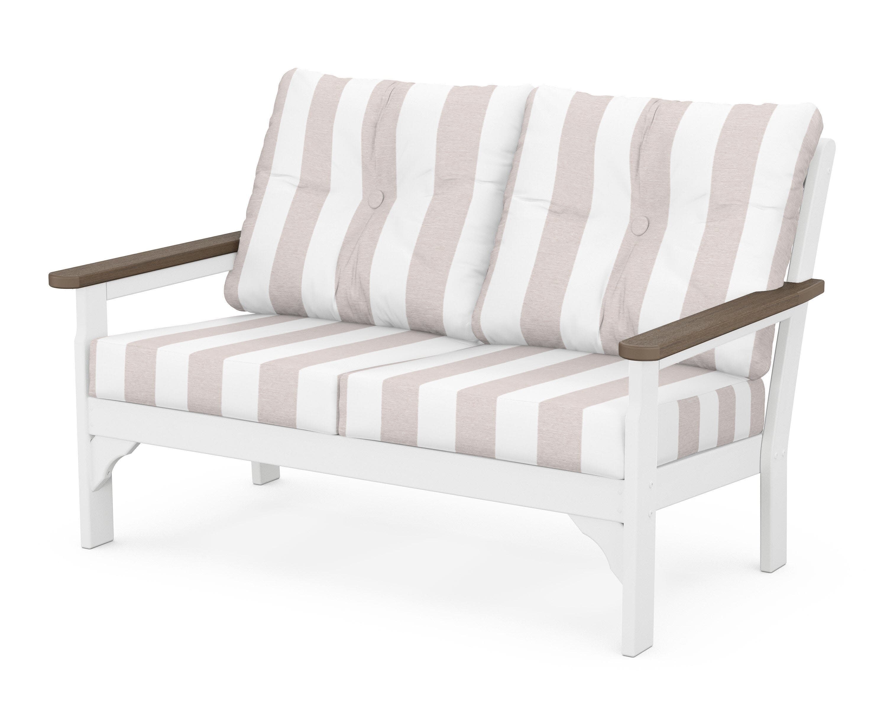Vineyard Deep Seating Loveseat in White / Kona / Cabana Stripe Dune Burlap
