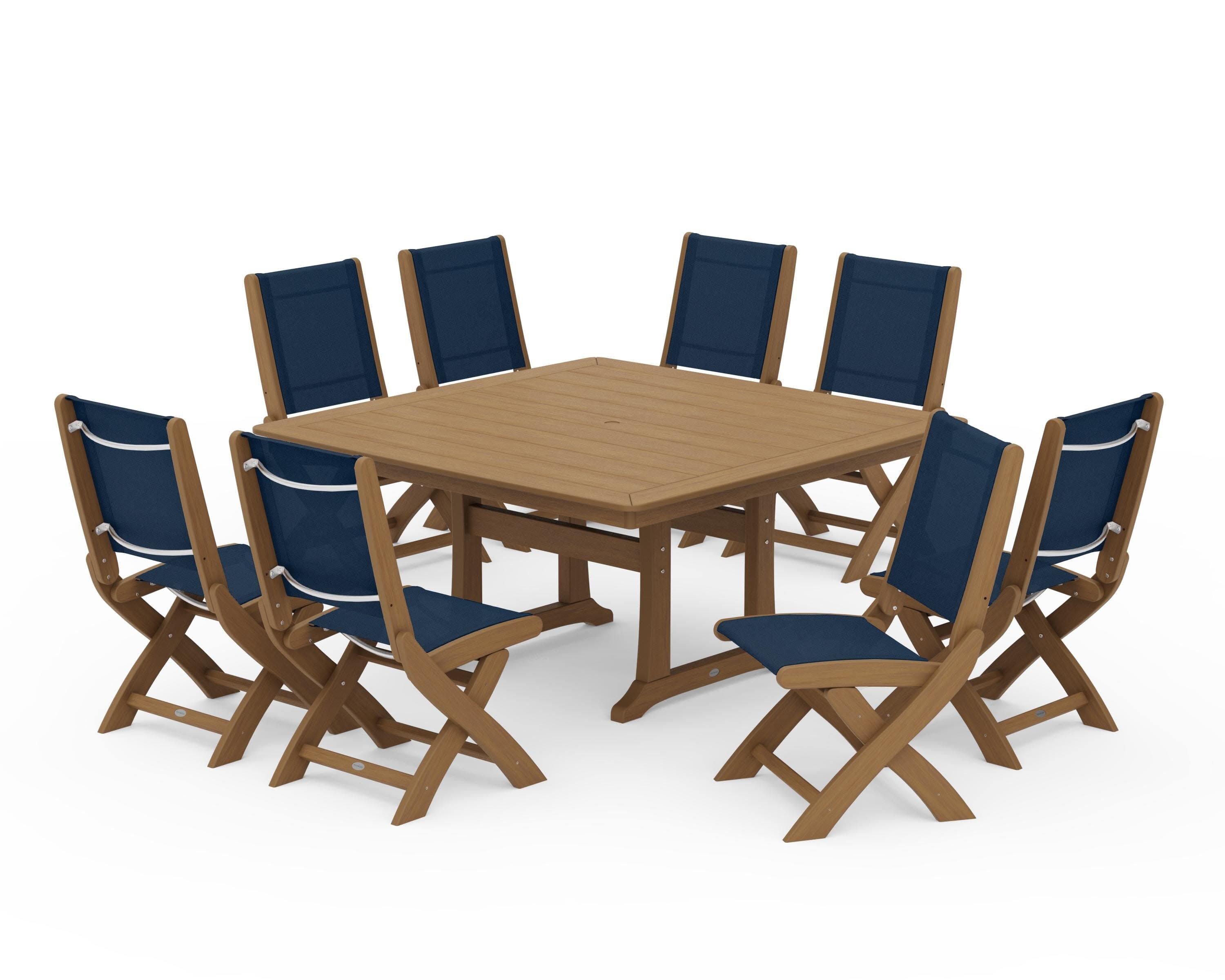 Coastal Folding Side Chair 9-Piece Dining Set with Trestle Legs in Natural / Navy Blue Sling