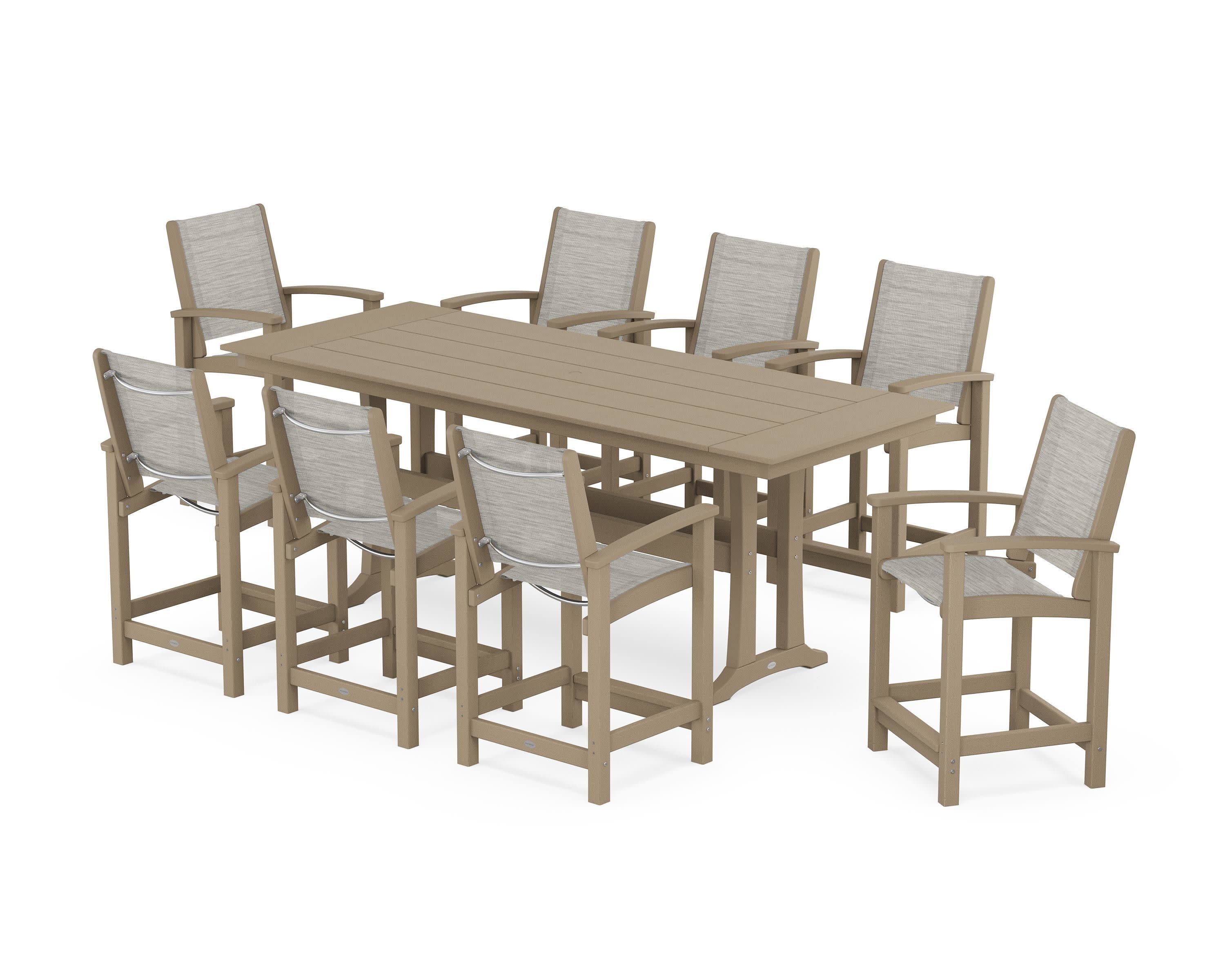 Coastal 9-Piece Farmhouse Counter Set with Trestle Legs in Vintage Sahara / Birch Sling
