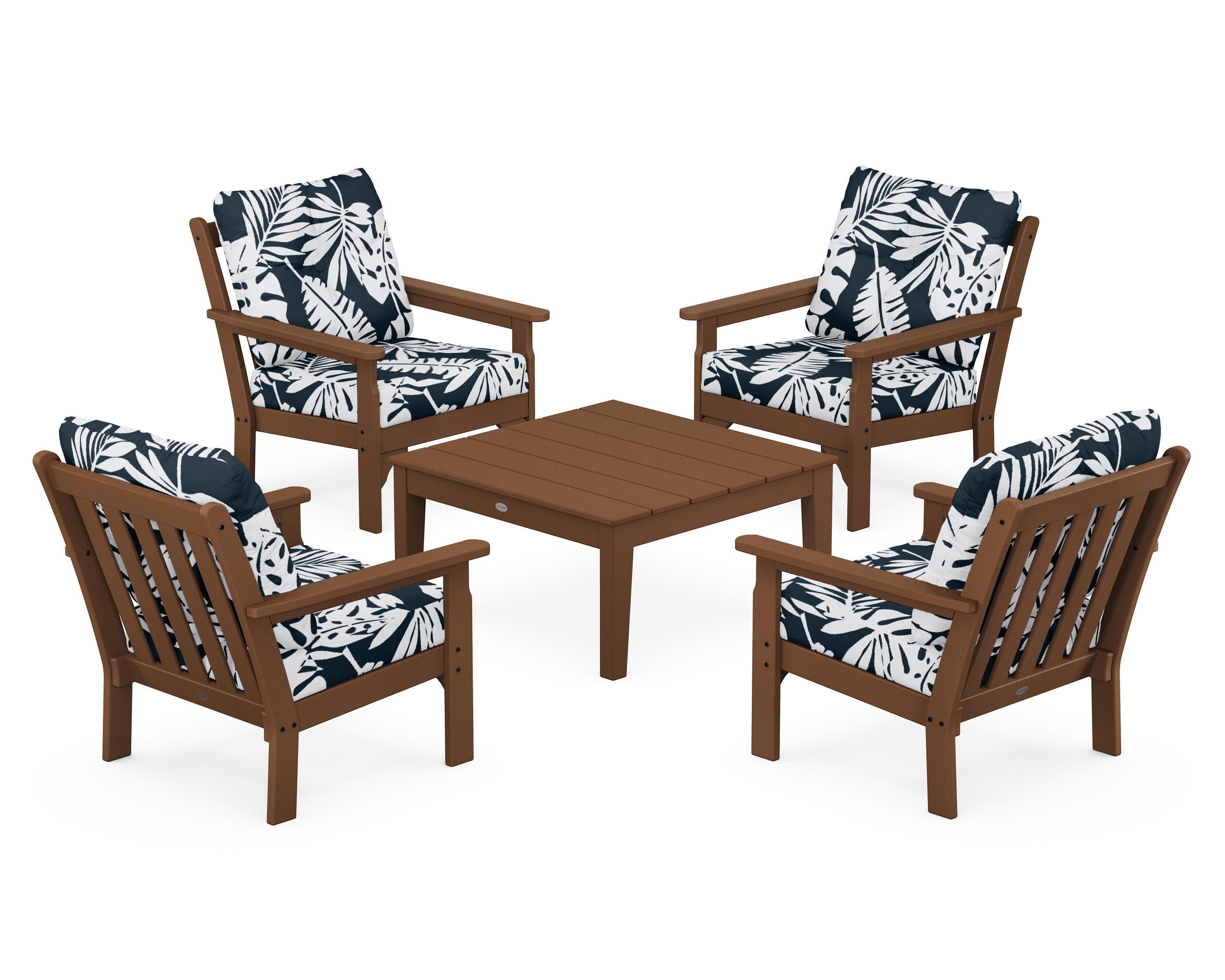 Vineyard 5-Piece Deep Seating Conversation Set in Teak / Leaf Marine Indigo