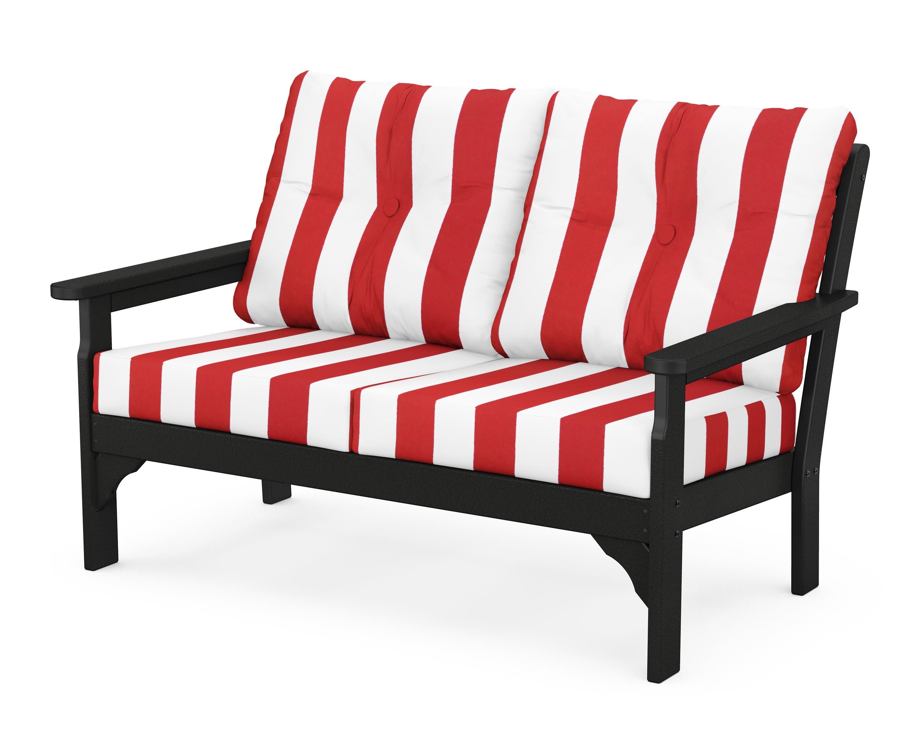 Vineyard Deep Seating Loveseat in Black / Cabana Stripe Crimson