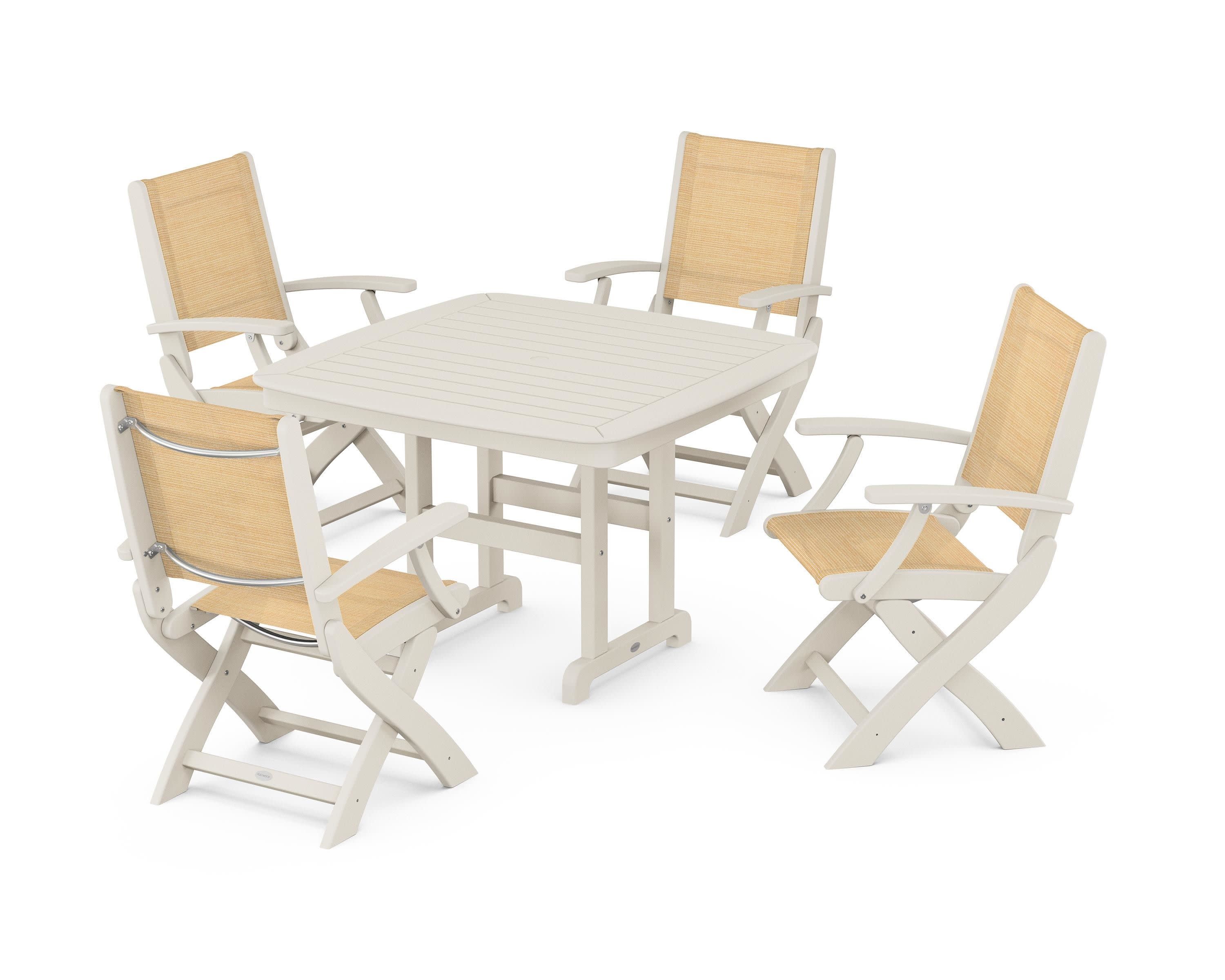 Coastal Folding Chair 5-Piece Dining Set in Sand / Dupioni Apricot Sling