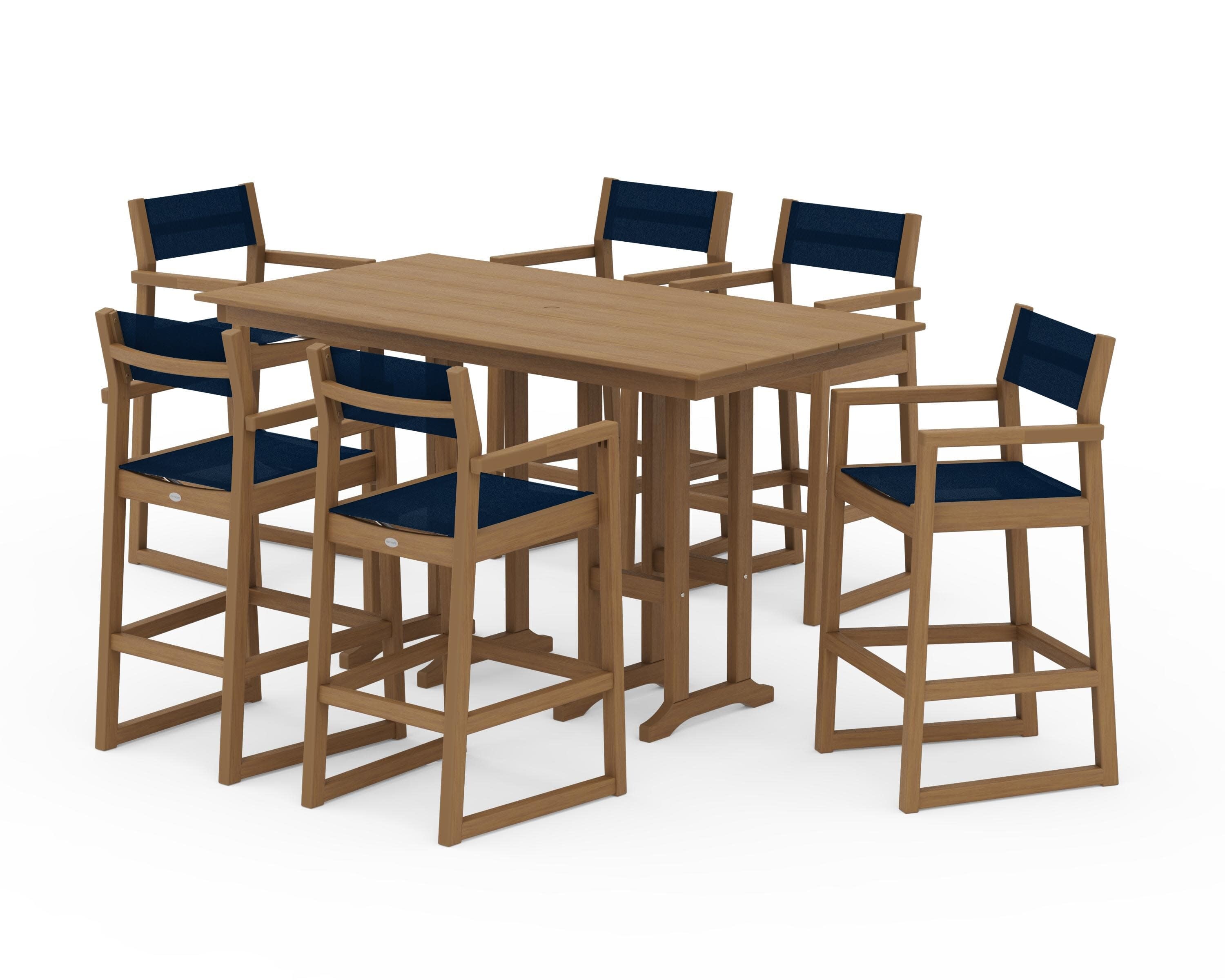 EDGE Sling Arm Chair 7-Piece Farmhouse Bar Set in Natural / Navy Blue Sling
