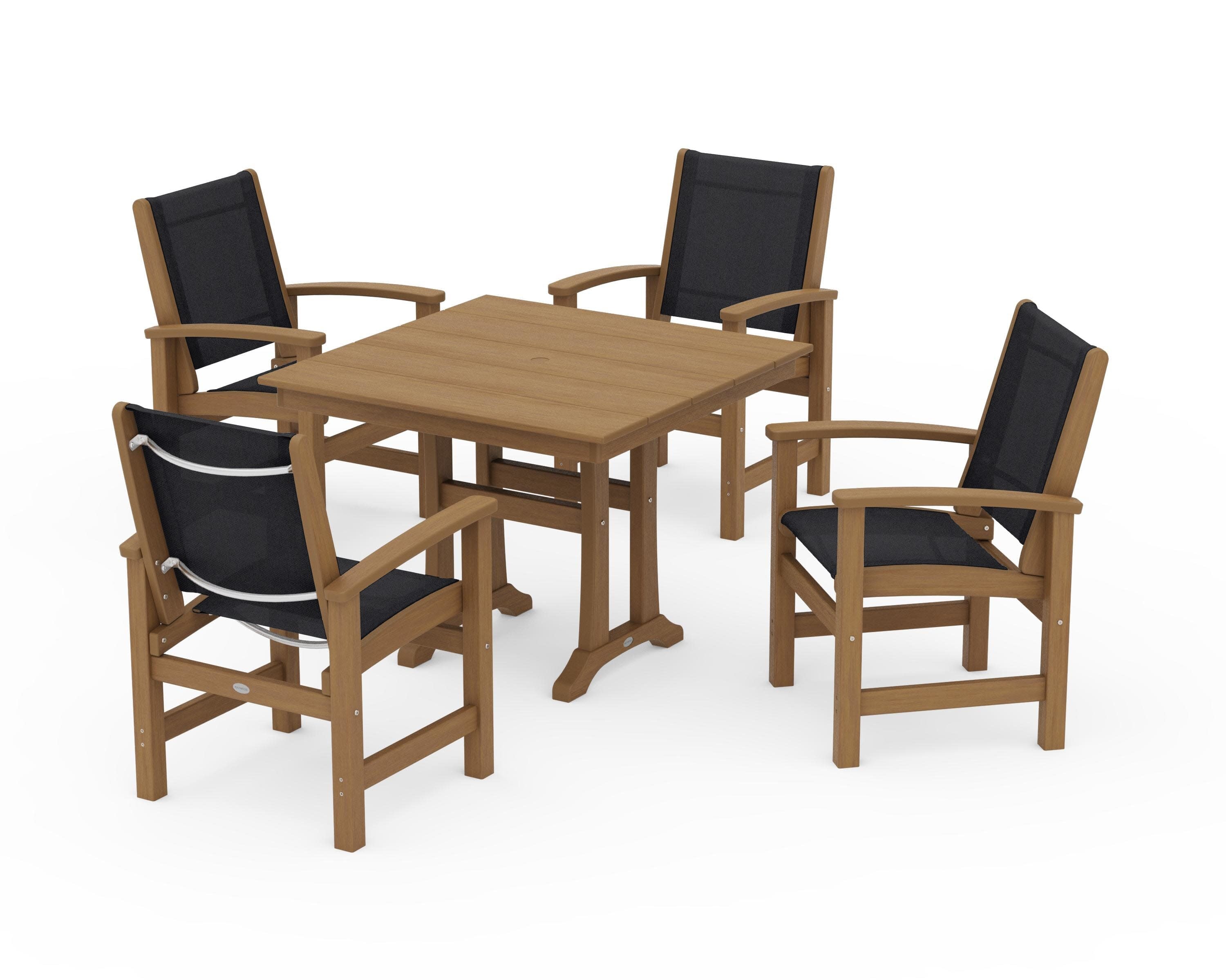 Coastal 5-Piece Farmhouse Dining Set With Trestle Legs in Natural / Black Sling