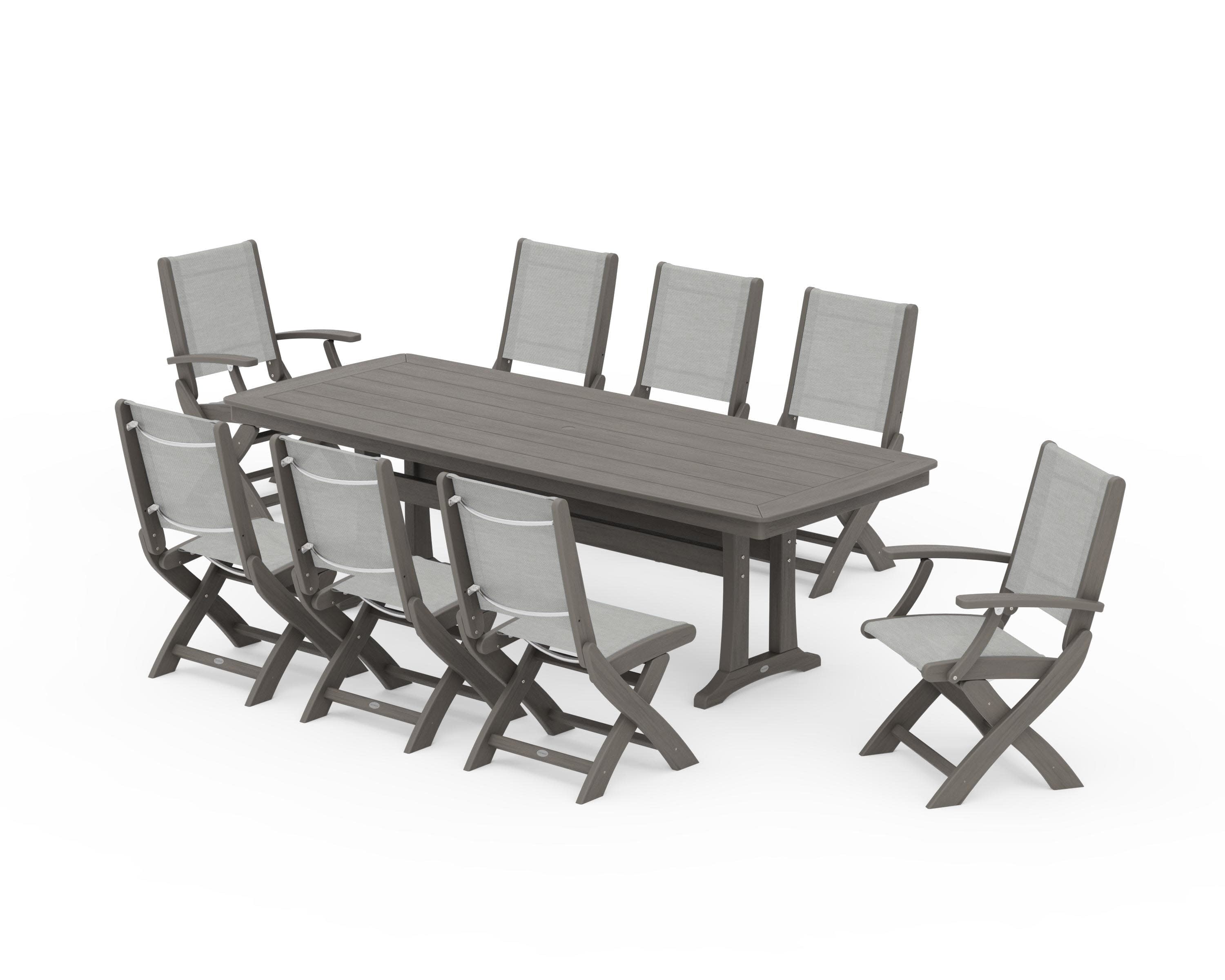 Coastal Folding 9-Piece Dining Set with Trestle Legs in Driftwood / Metallic Sling