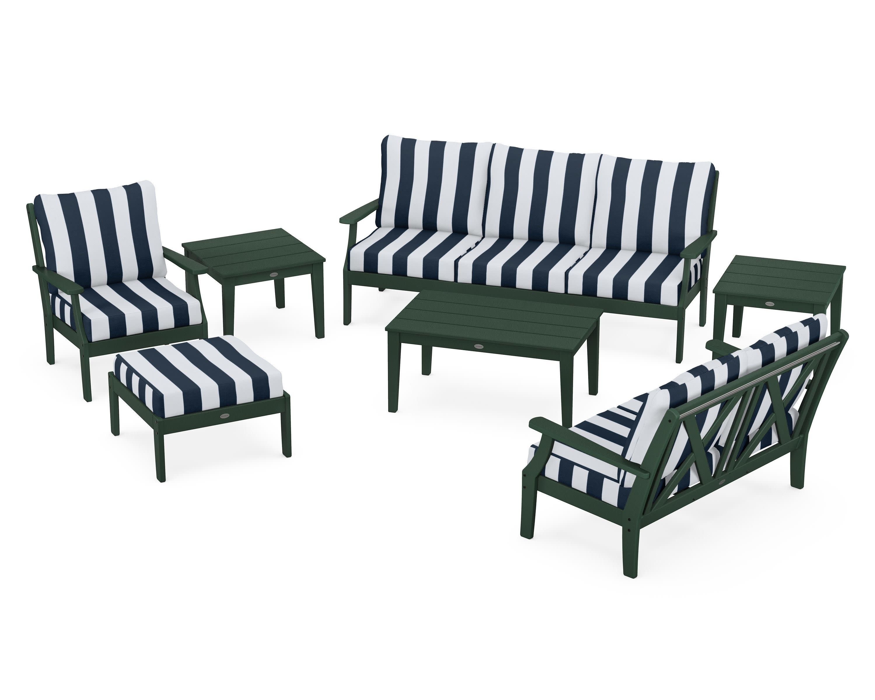 Braxton 7-Piece Deep Seating Set in Green / Cabana Stripe Marine Indigo