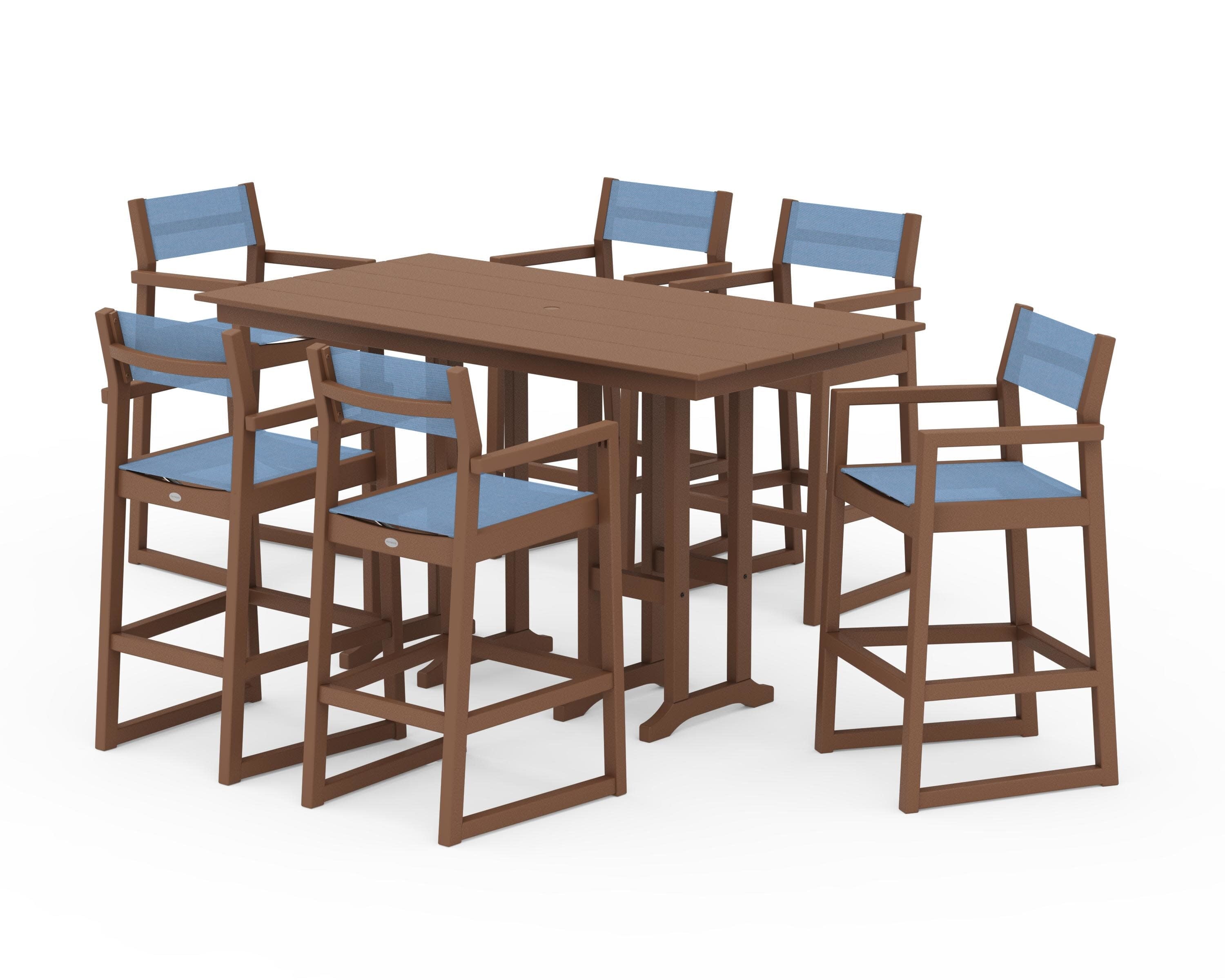 EDGE Sling Arm Chair 7-Piece Farmhouse Bar Set in Teak / Poolside Sling