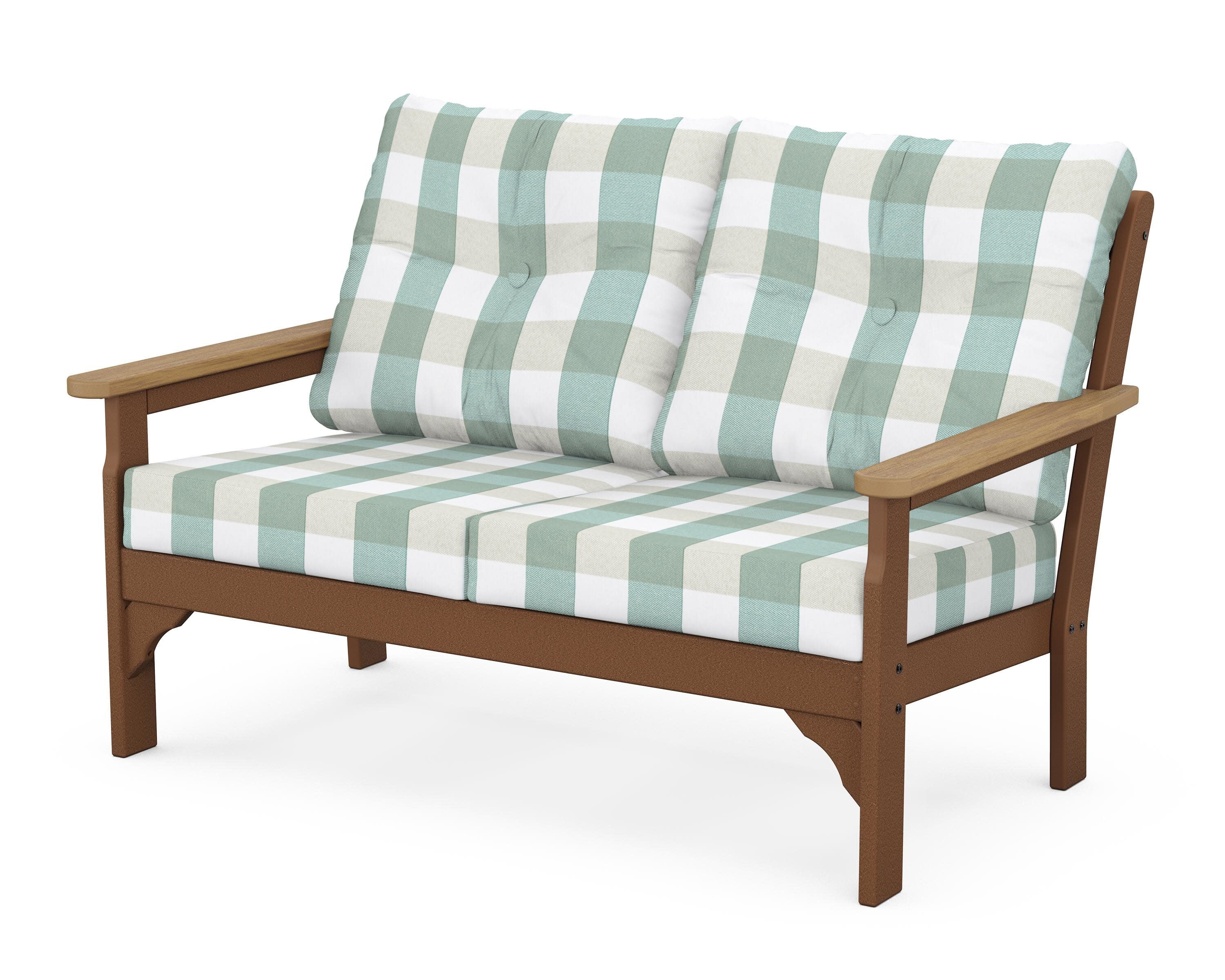Vineyard Deep Seating Loveseat in Teak / Natural / Buffalo Plaid Glacier Spa
