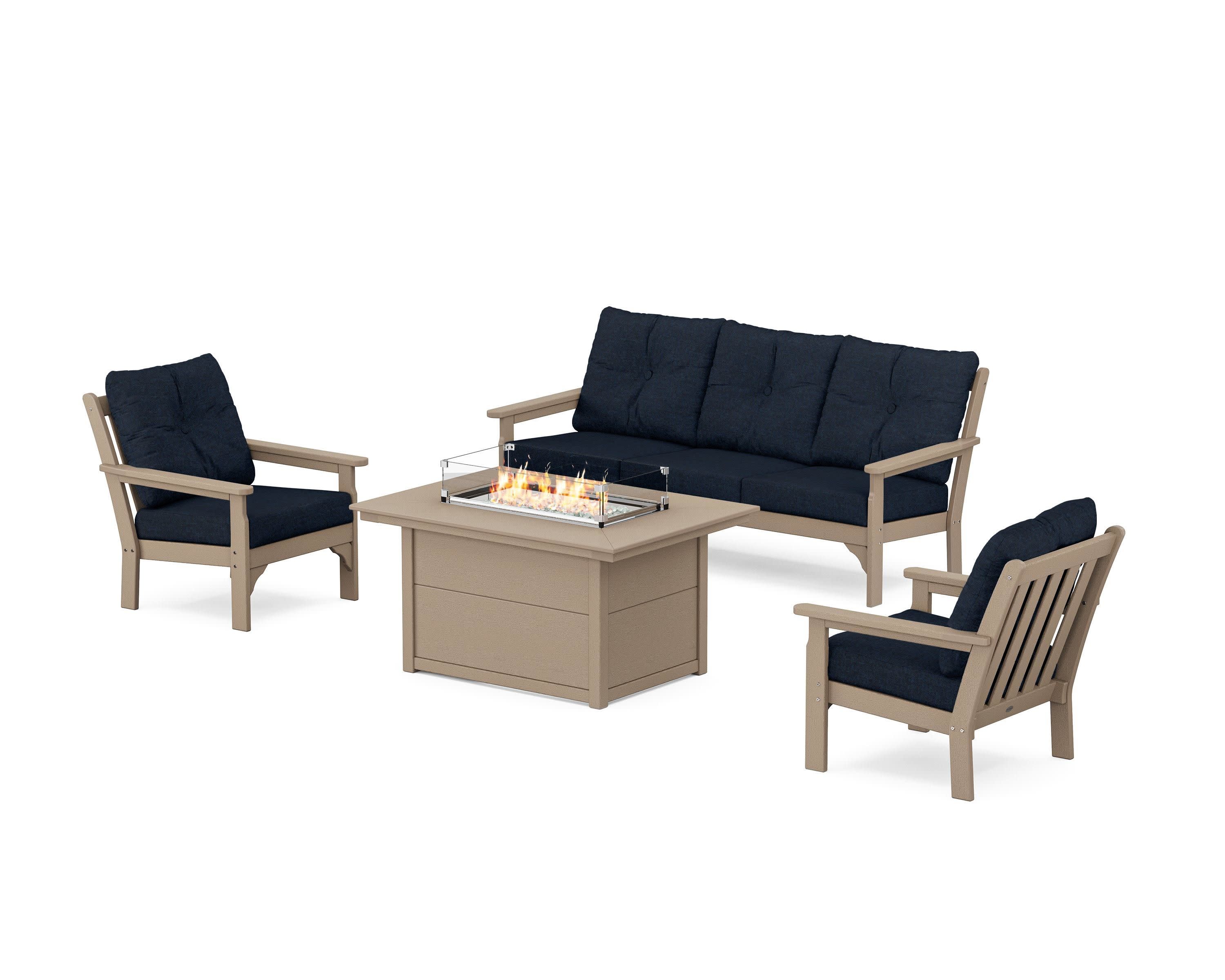 Vineyard Deep Seating Fire Pit Table Set in Vintage Sahara / Marine Indigo