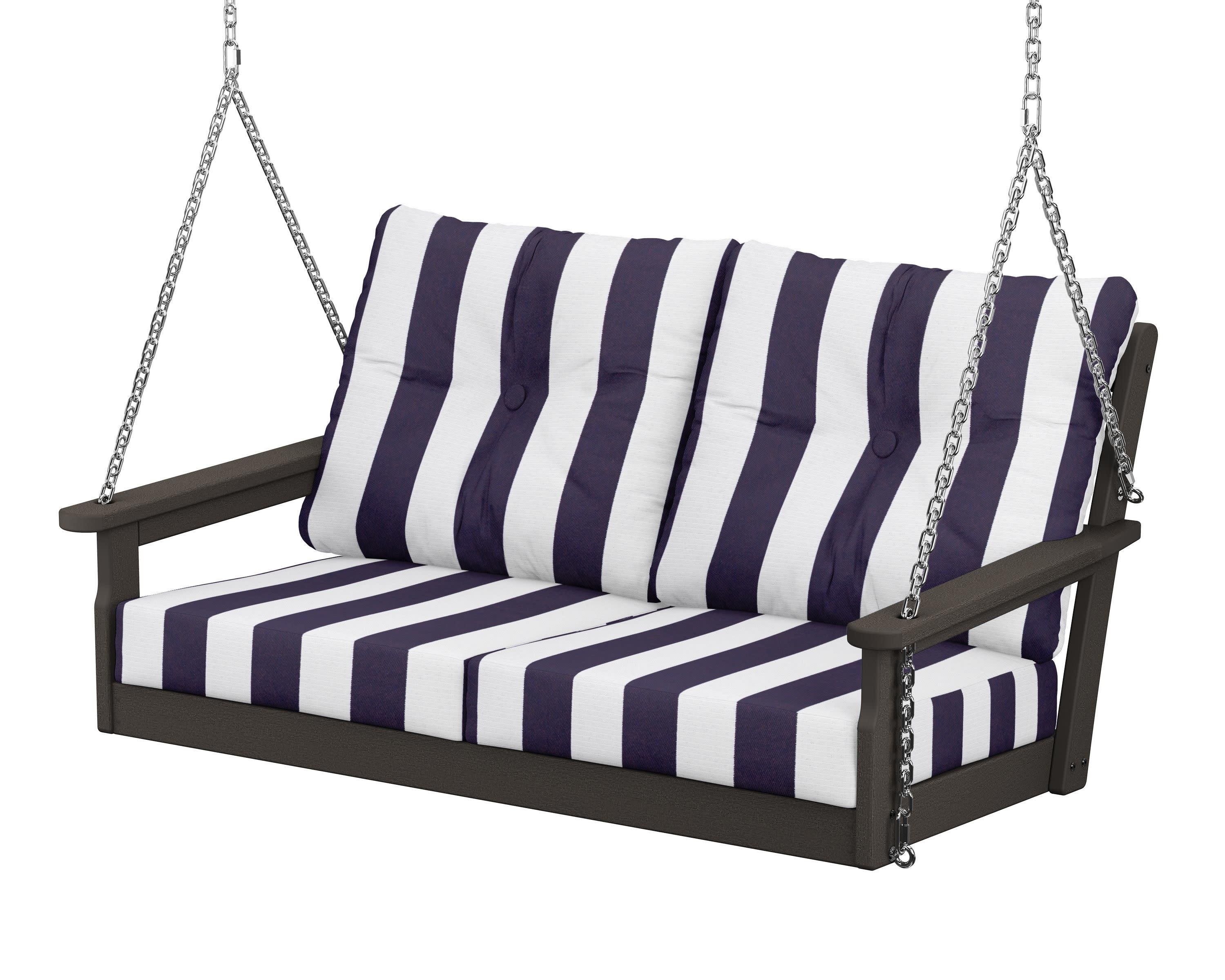 Vineyard Deep Seating Swing in Vintage Coffee / Cabana Stripe Navy