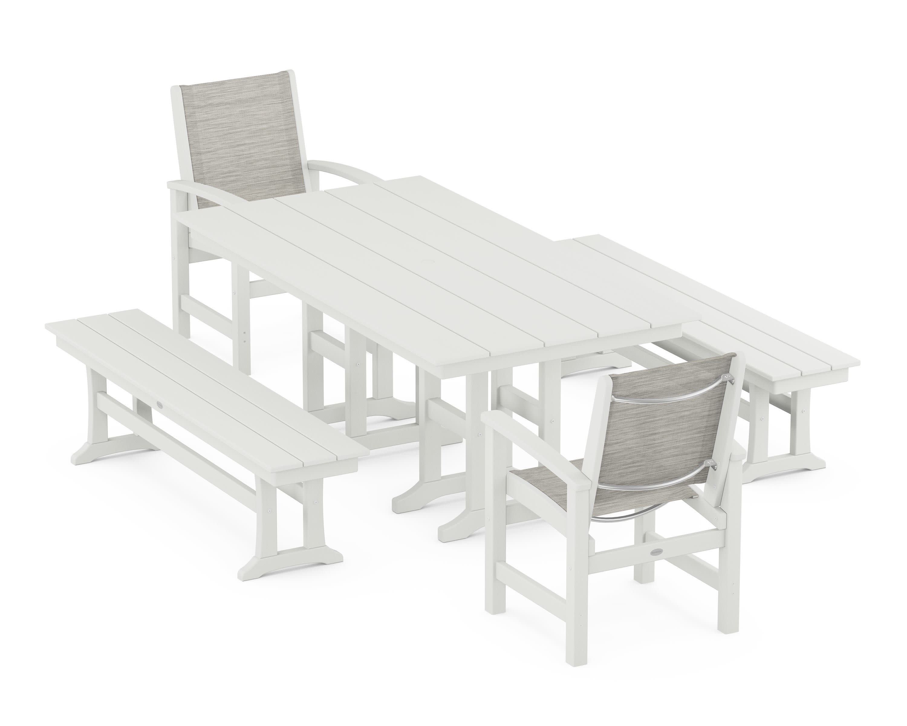 Coastal 5-Piece Farmhouse Dining Set in Vintage White / Birch Sling