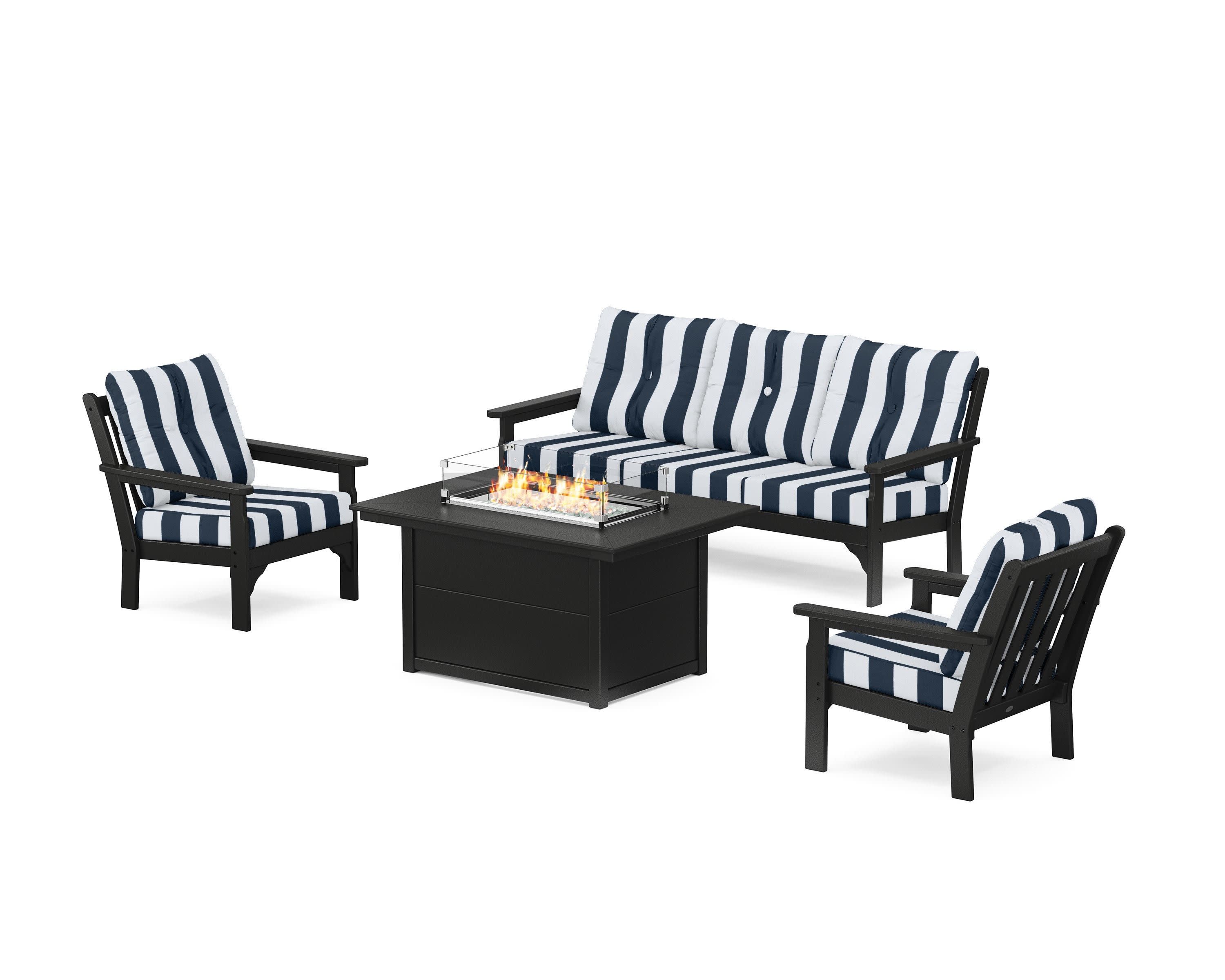 Vineyard Deep Seating Fire Pit Table Set in Black / Cabana Stripe Marine Indigo