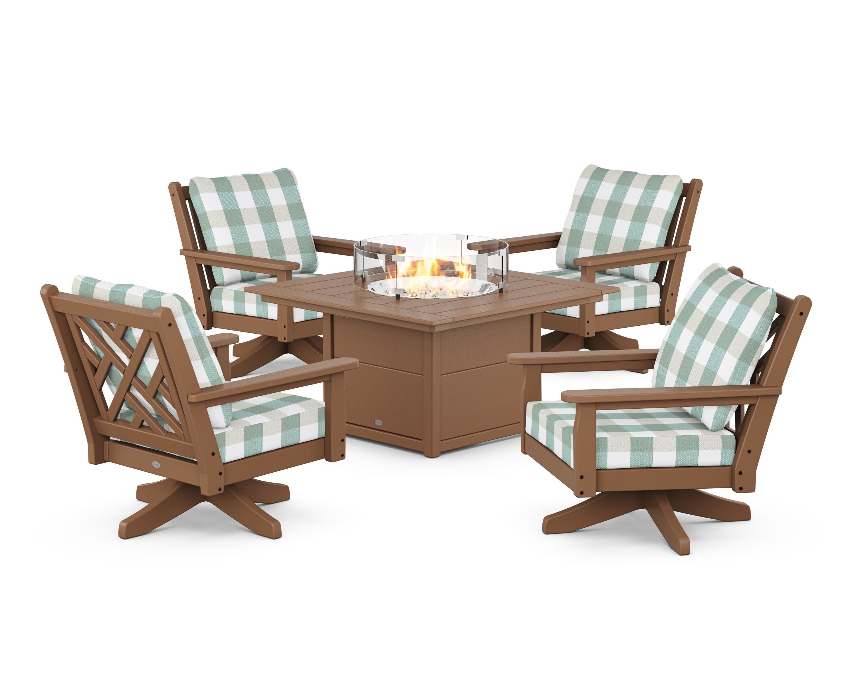 Chippendale 5-Piece Deep Seating Swivel Conversation Set with Fire Pit Table in Teak / Buffalo Plaid Glacier Spa