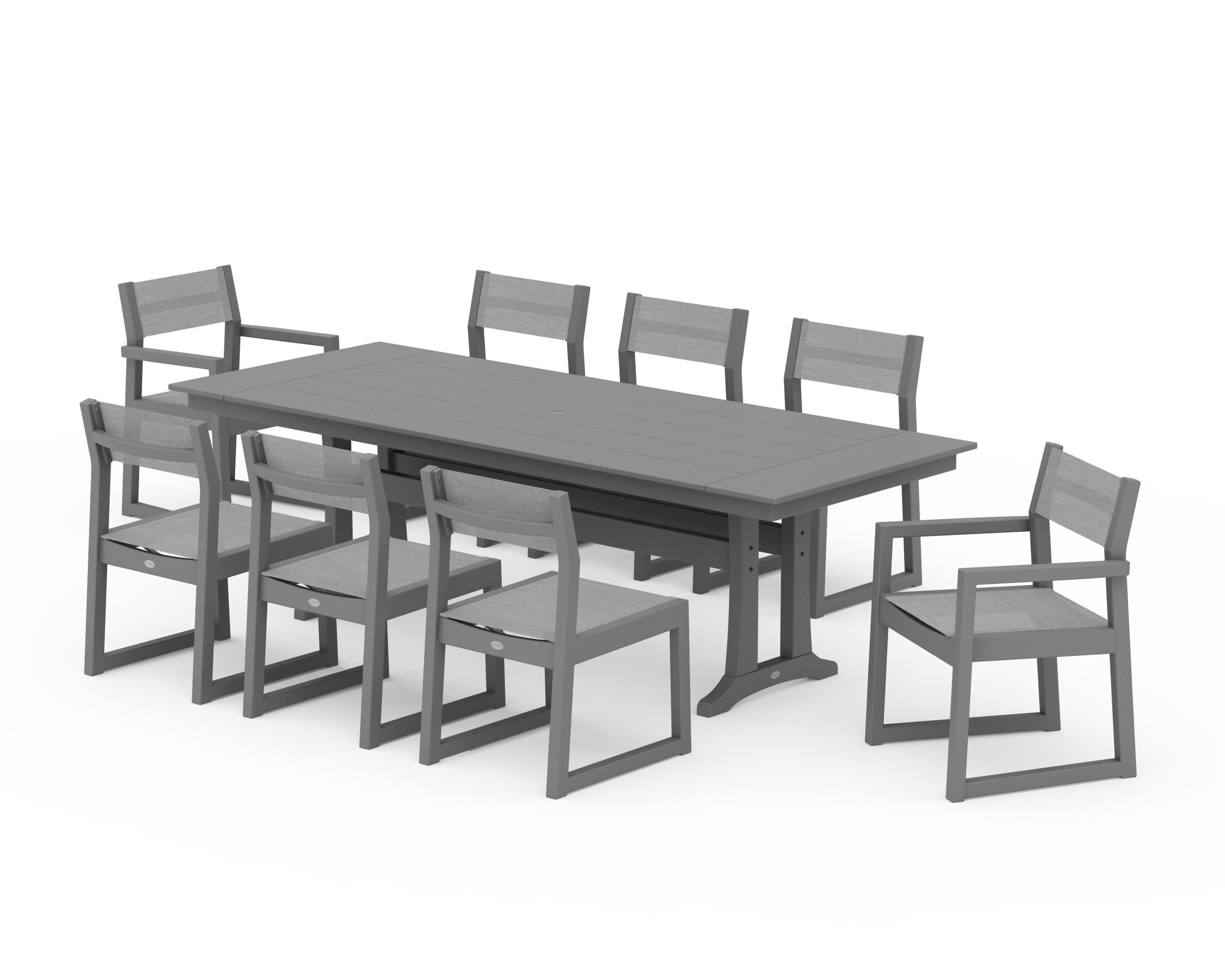 EDGE Sling 9-Piece Farmhouse Trestle Dining Set in Slate Grey / Metallic Sling