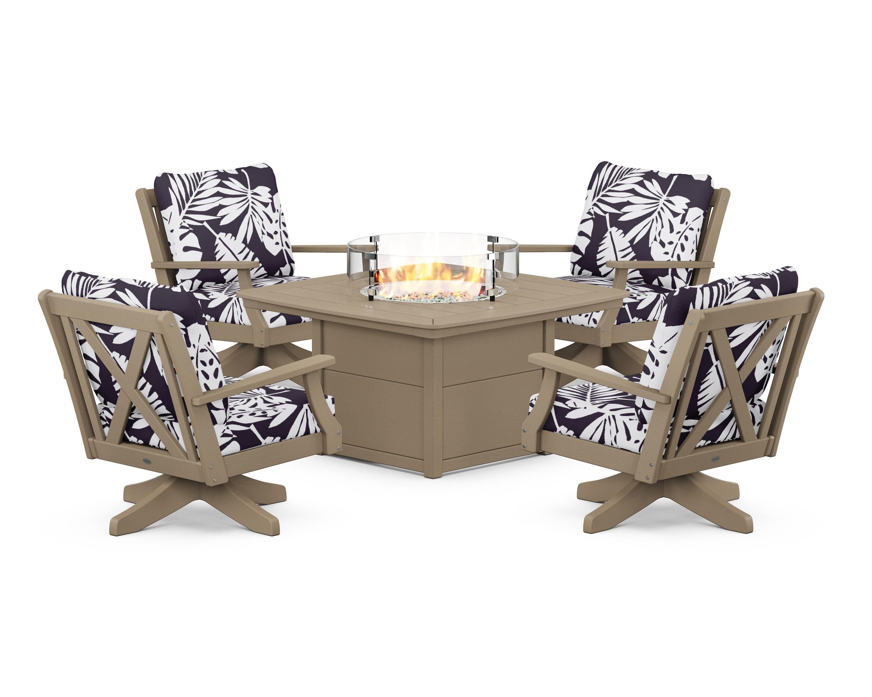 Braxton 5-Piece Deep Seating Swivel Conversation Set with Fire Pit Table in Vintage Sahara / Leaf Navy