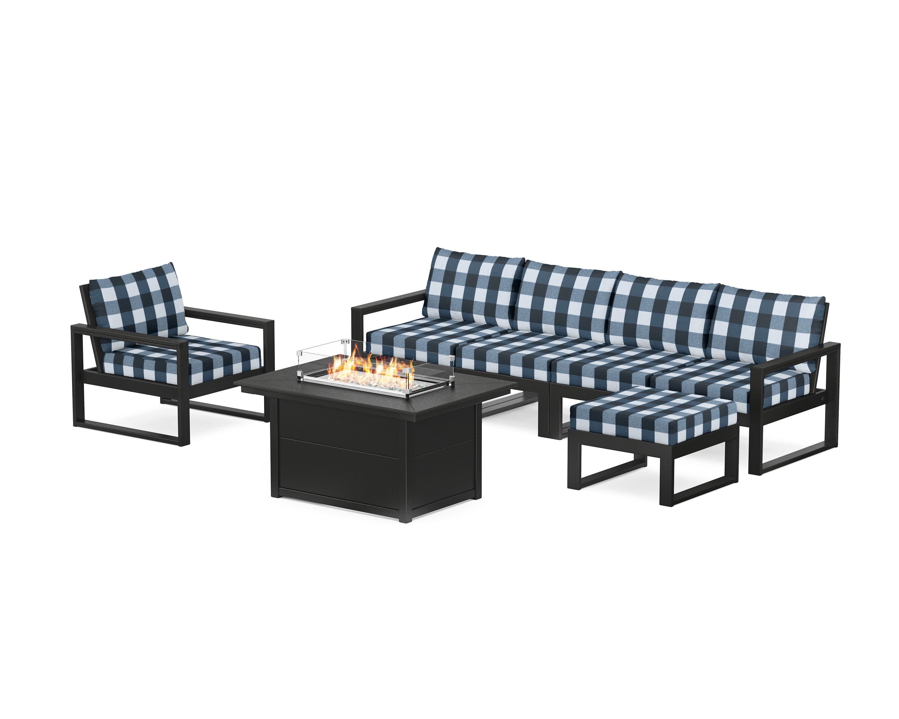 EDGE Sectional Lounge and Fire Pit Set in Black / Buffalo Plaid Marine Indigo