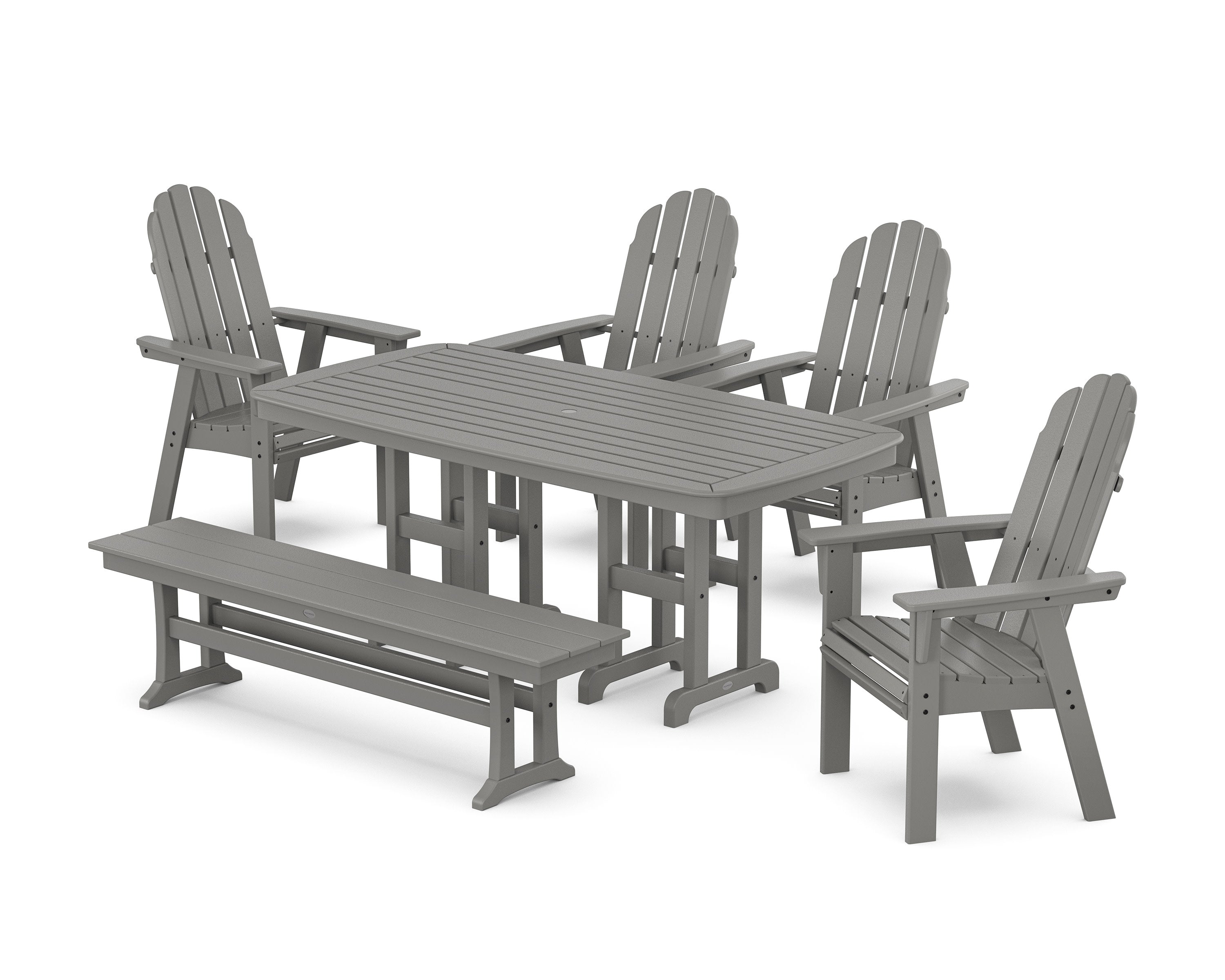 Vineyard Curveback Adirondack Chair 6-Piece Dining Set with Bench in Slate Grey