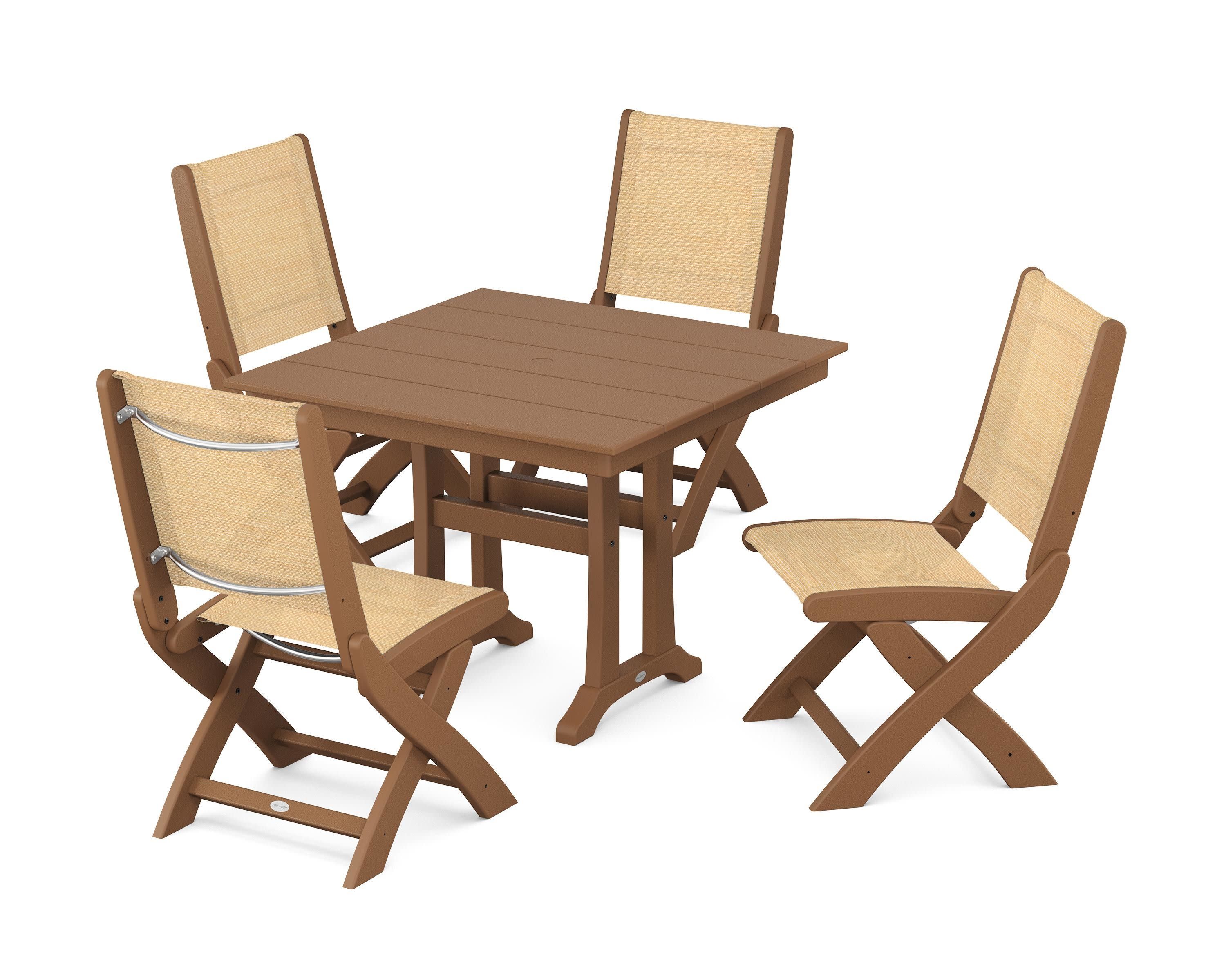Coastal Folding Side Chair 5-Piece Farmhouse Dining Set With Trestle Legs in Teak / Dupioni Apricot Sling