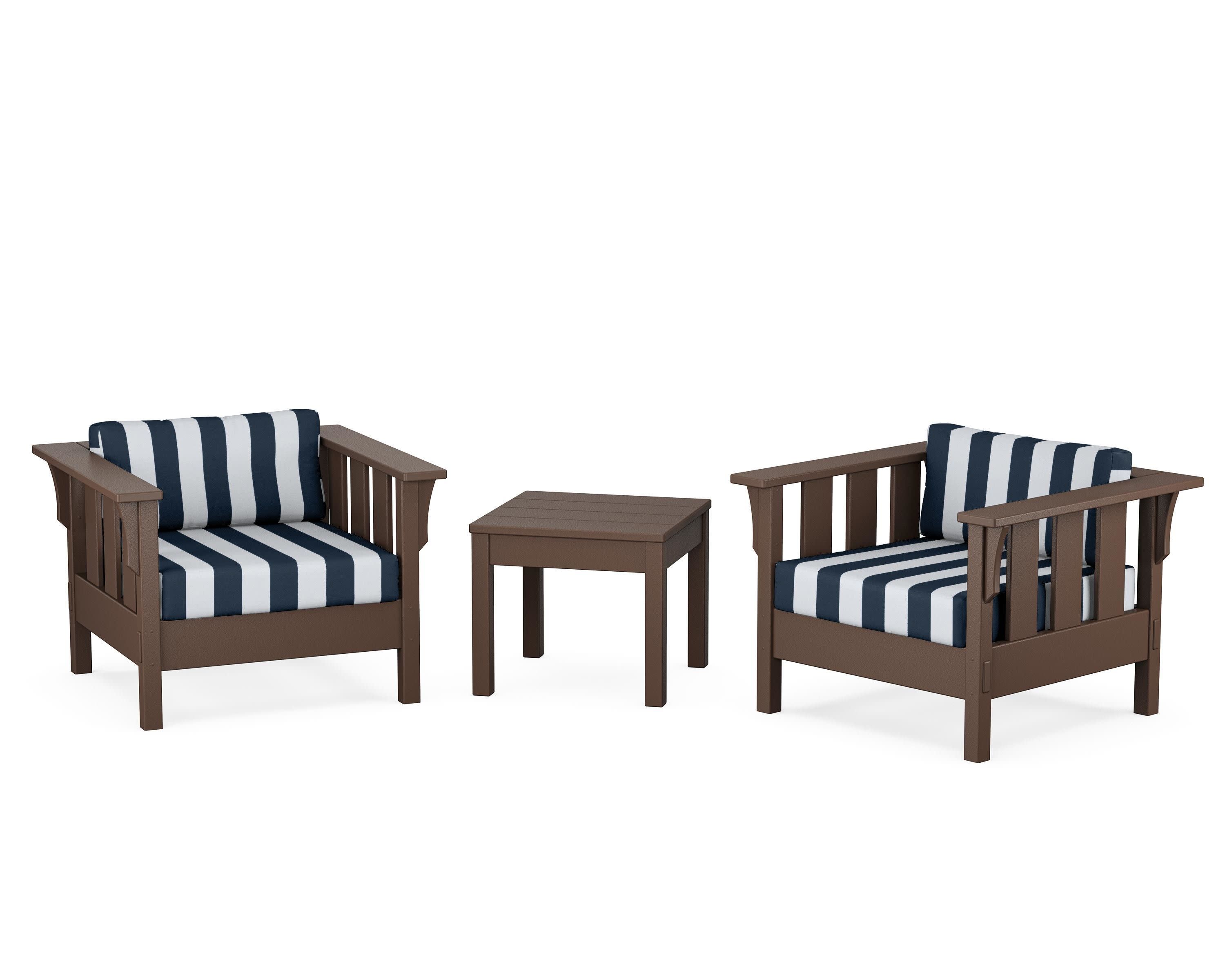 Acadia 3-Piece Deep Seating Set in Mahogany / Cabana Stripe Marine Indigo