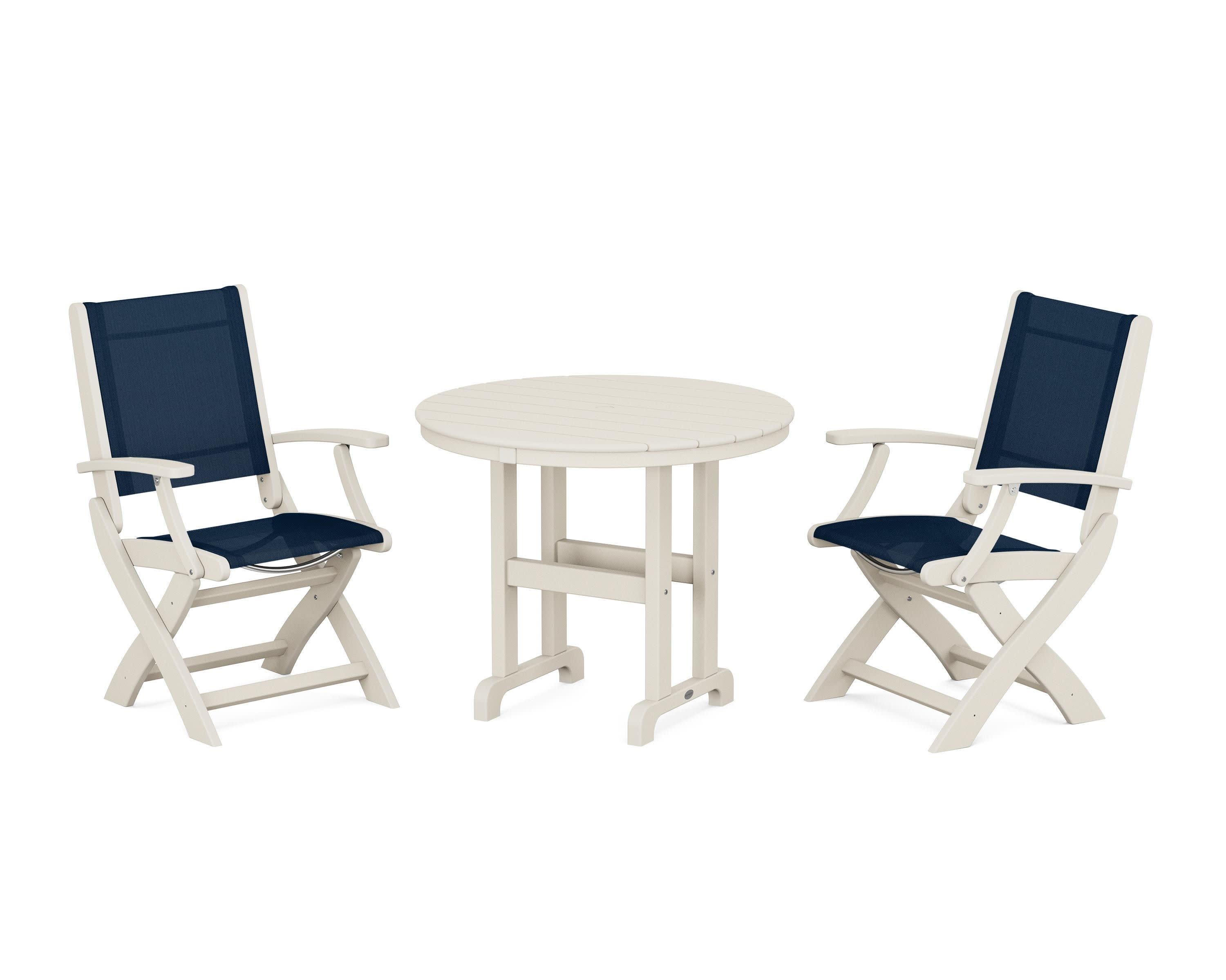 Coastal Folding Chair 3-Piece Round Dining Set in Sand / Navy Blue Sling