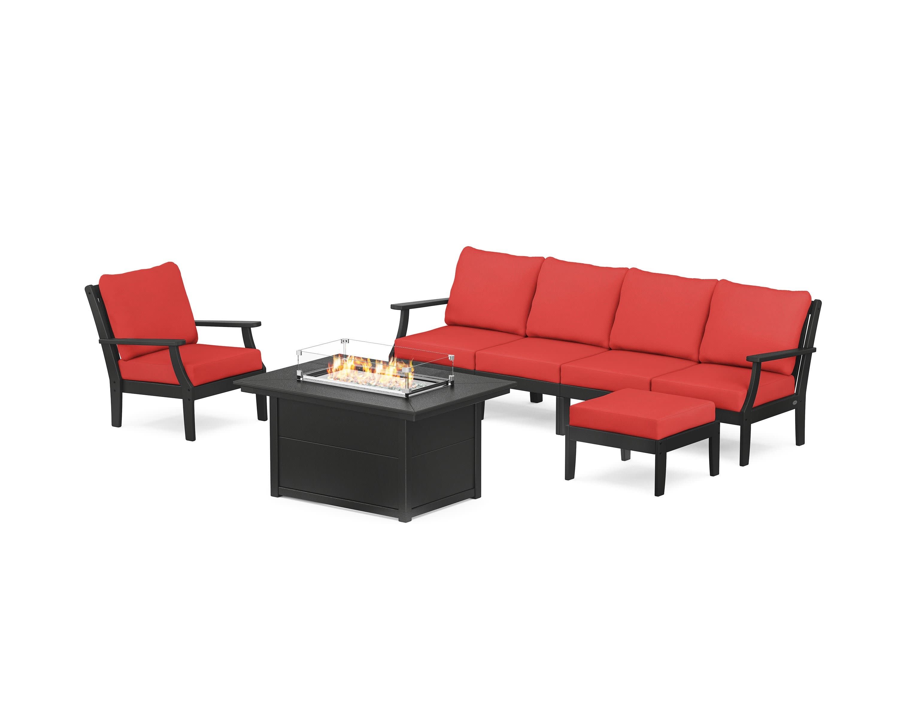 Braxton Sectional Lounge and Fire Pit Set in Black / Crimson Linen
