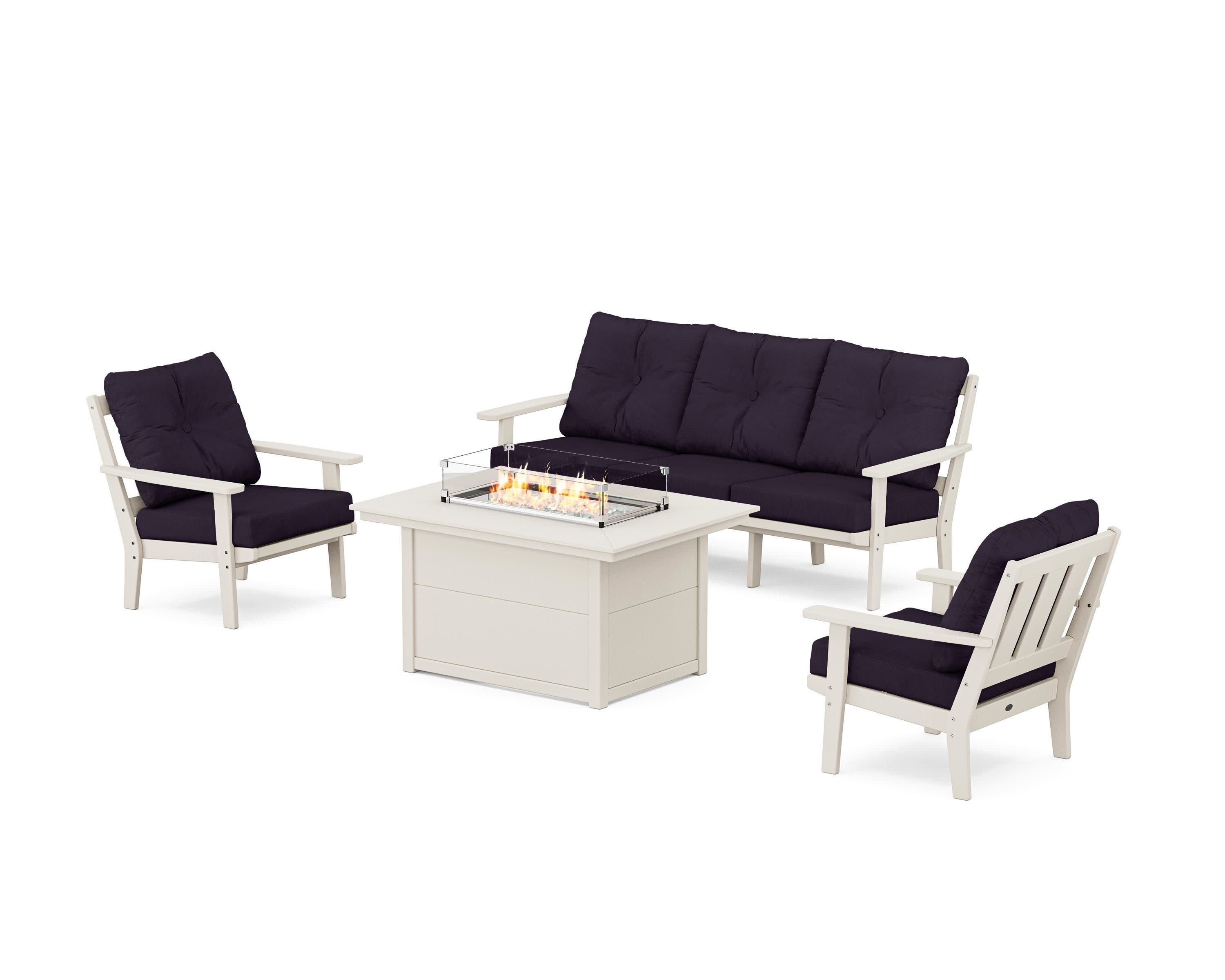 Oxford Deep Seating Fire Pit Table Set in Sand / Navy Linen