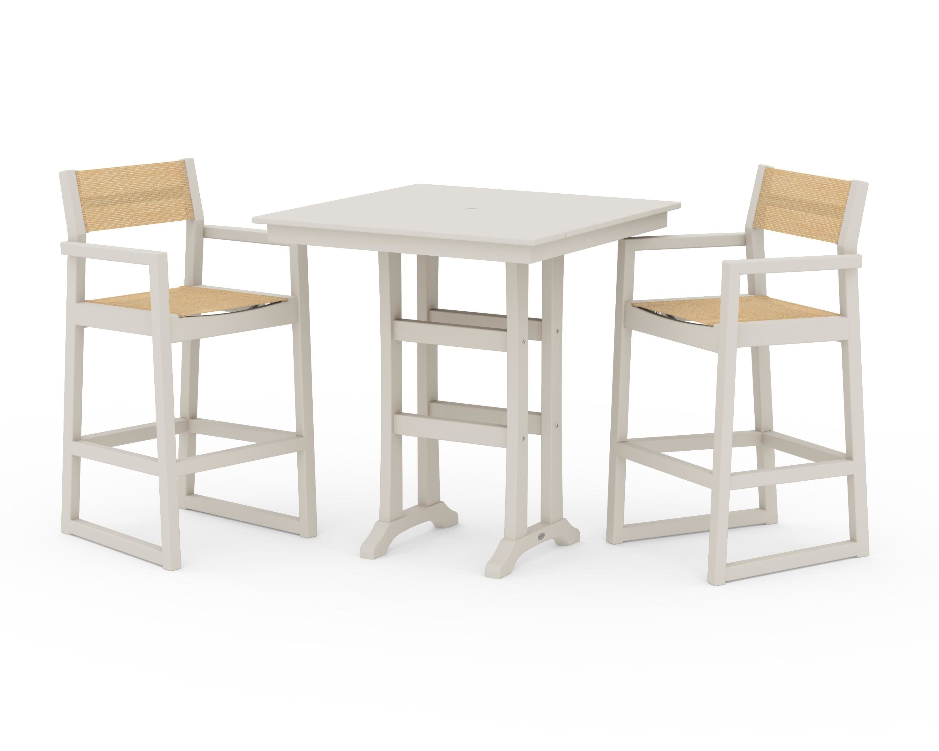 EDGE Sling Arm Chair 3-Piece Farmhouse Bar Set with Trestle Legs in Sand / Dupioni Apricot Sling