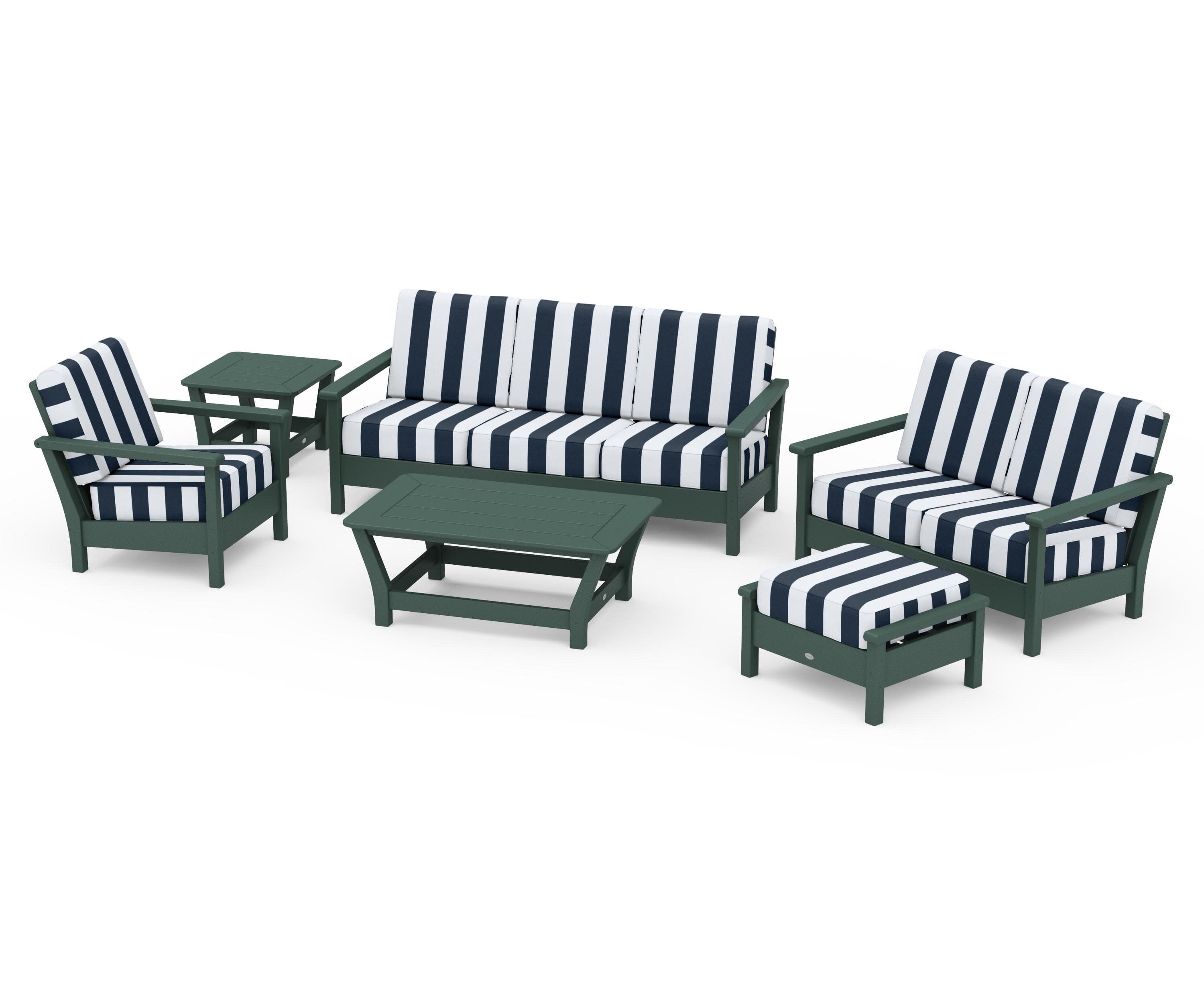 Harbour 6-Piece Outdoor Living Set in Green / Cabana Stripe Marine Indigo