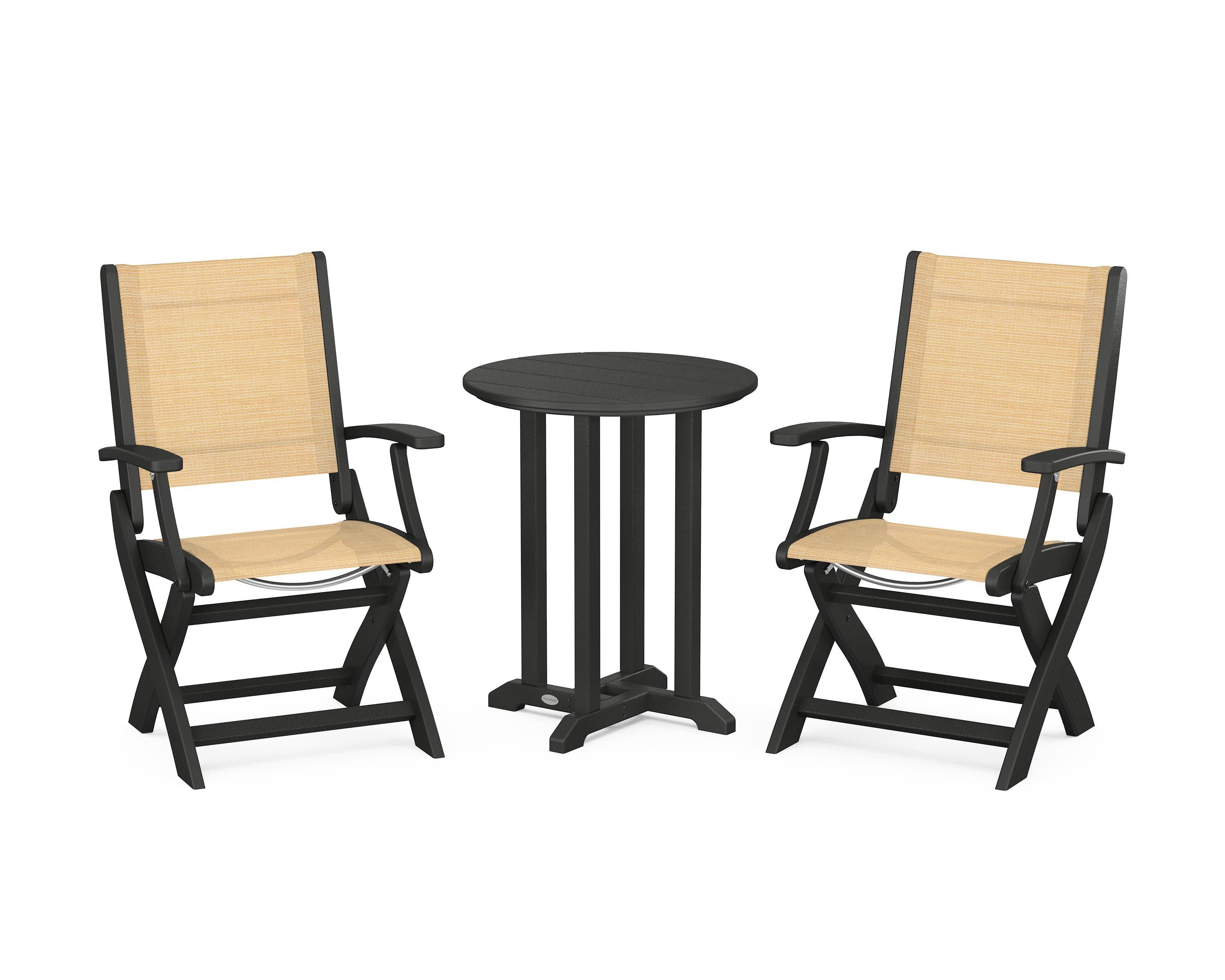 Coastal Folding 3-Piece Round Bistro Dining Set in Black / Dupioni Apricot Sling