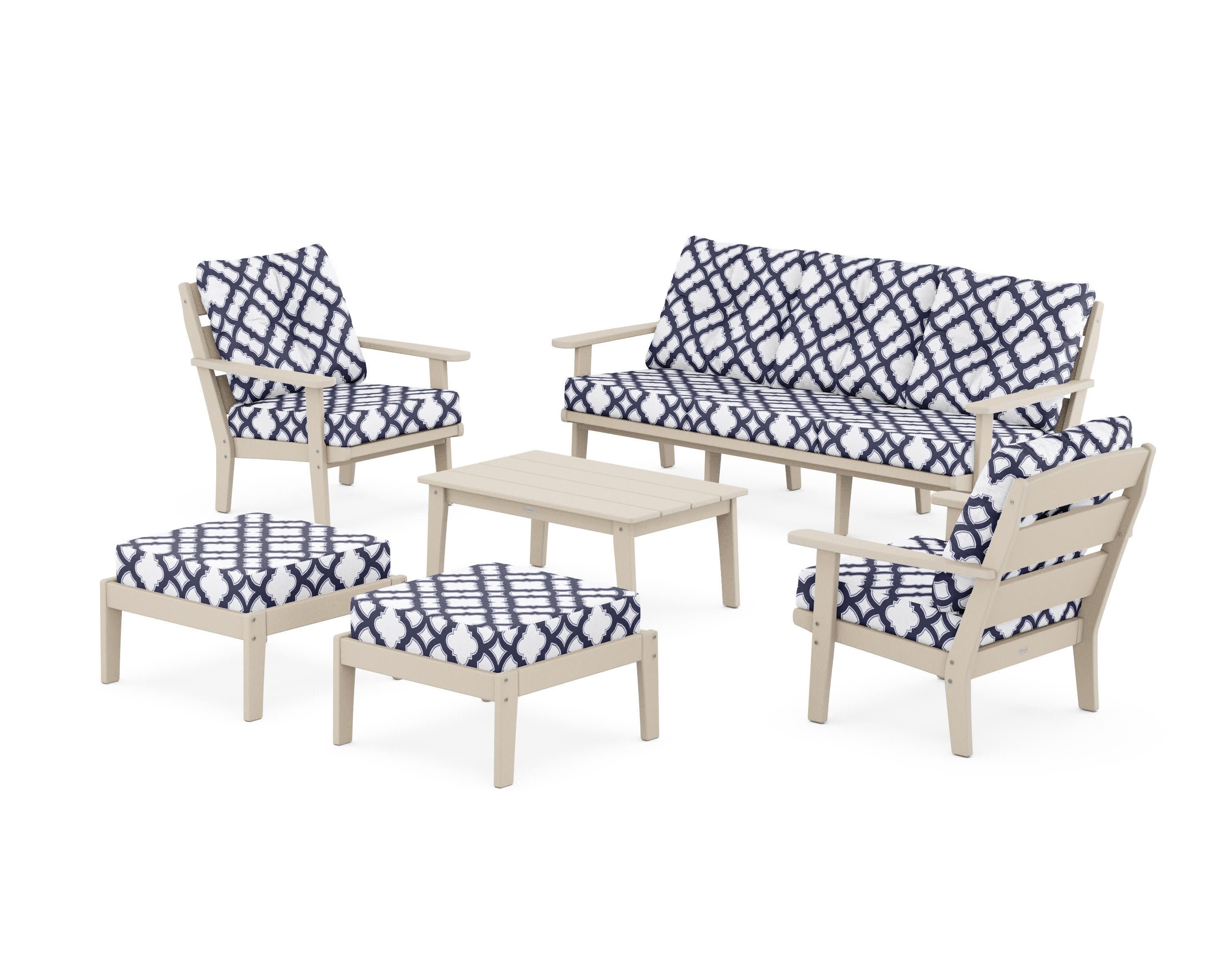 Lakeside 6-Piece Lounge Sofa Set in Sand / Trellis Navy