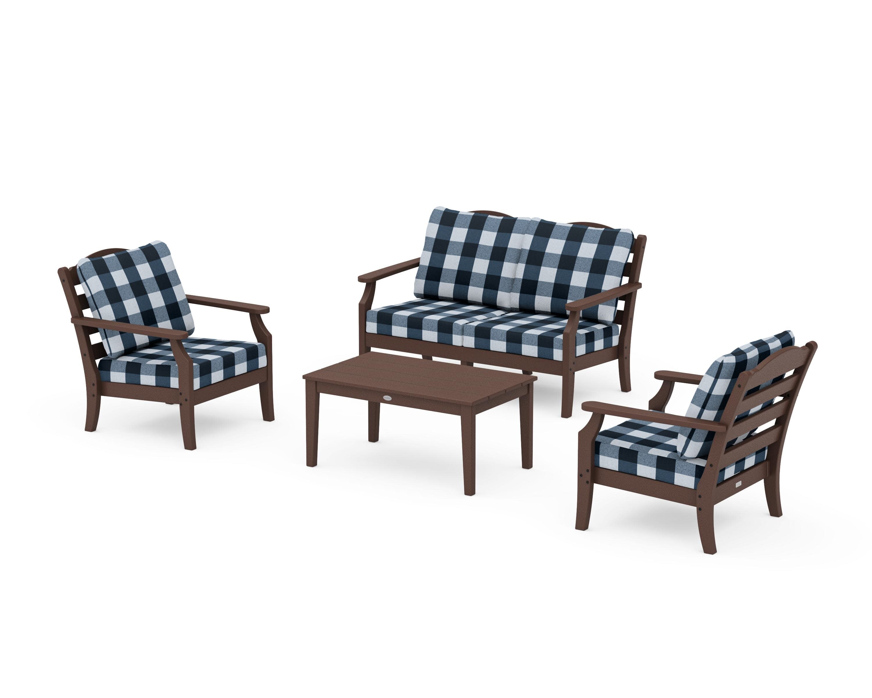 Savannah 4-Piece Deep Seating Set with Loveseat in Mahogany / Buffalo Plaid Marine Indigo