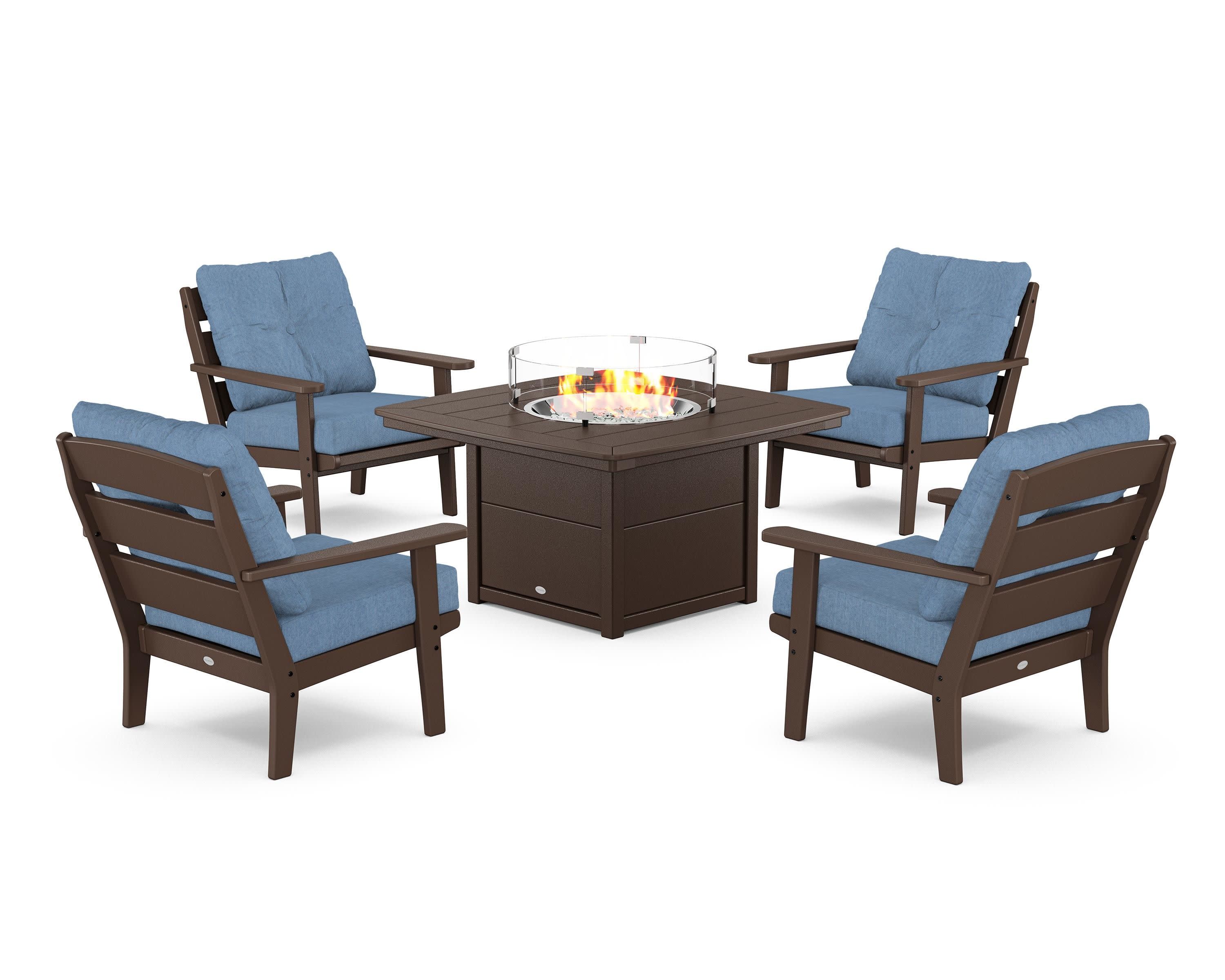 Lakeside 5-Piece Deep Seating Set with Nautical Fire Pit Table in Mahogany / Sky Blue