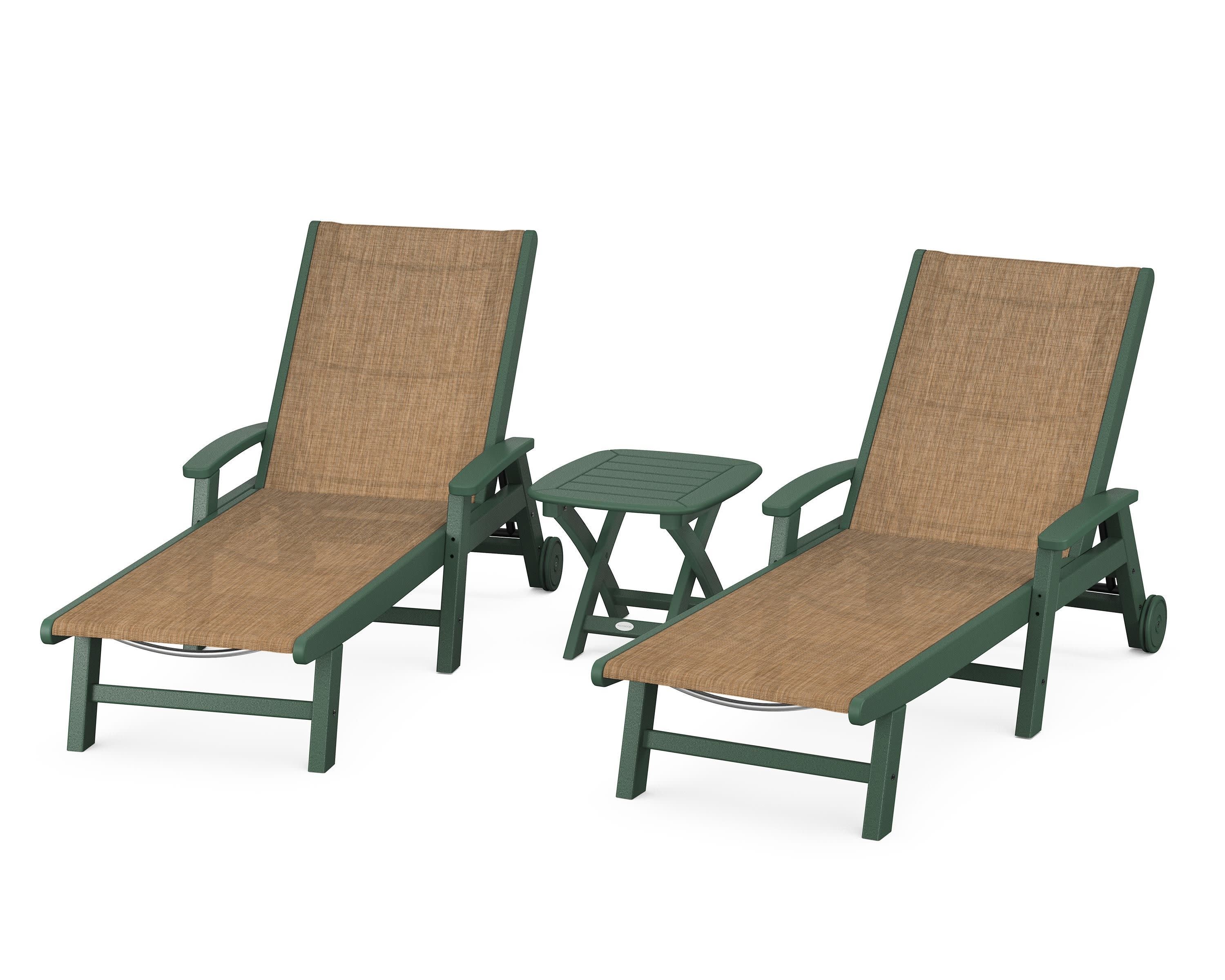 Coastal 3-Piece Wheeled Chaise Set in Green / Burlap Sling