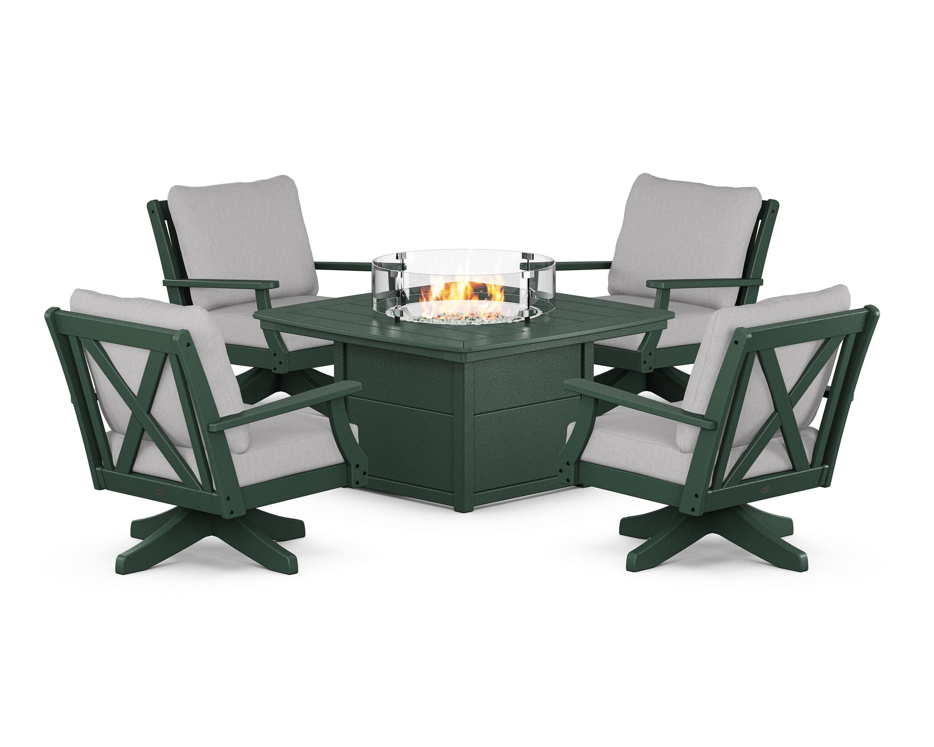 Braxton 5-Piece Deep Seating Swivel Conversation Set with Fire Pit Table in Green / Granite