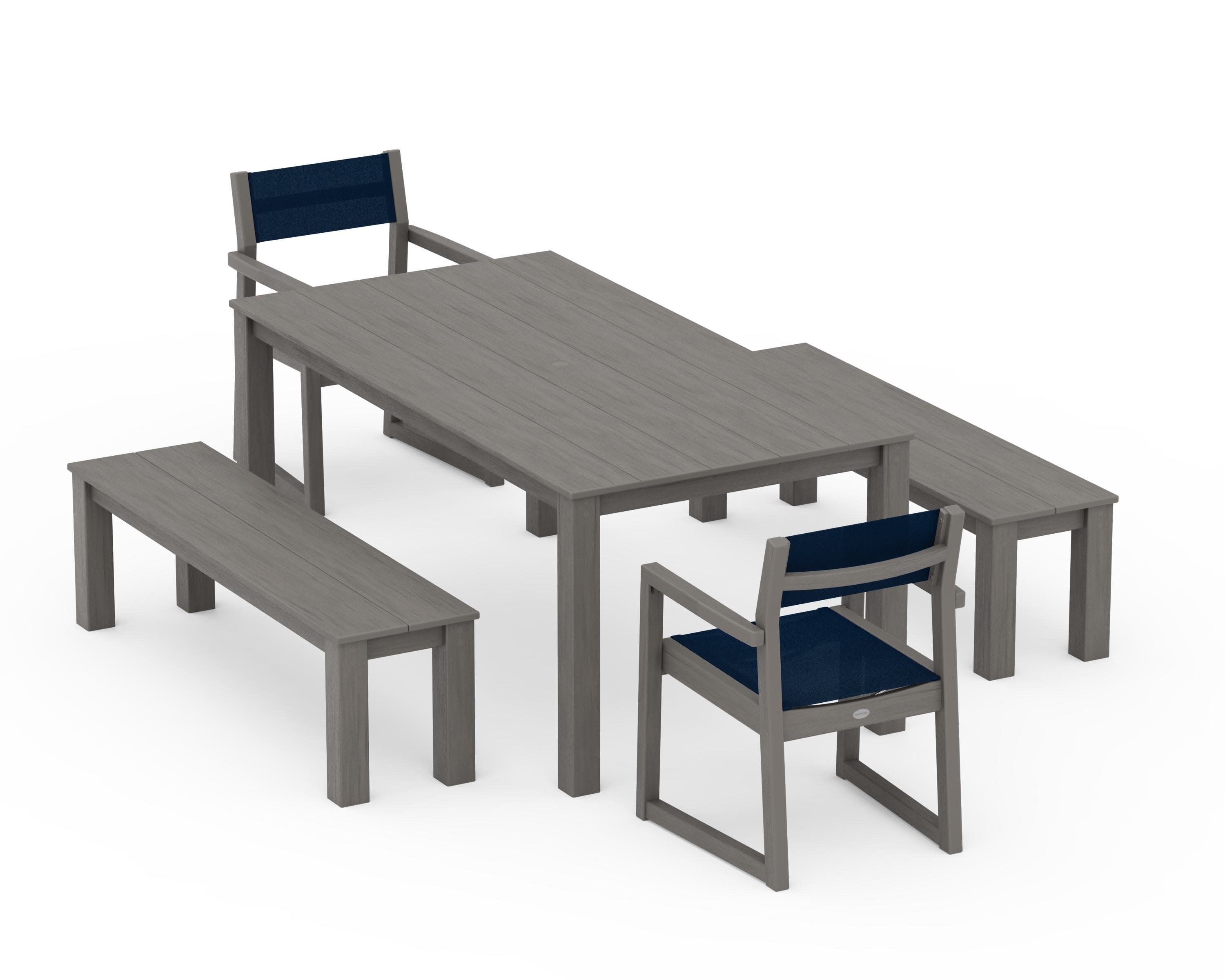 EDGE Sling Arm Chair 5-Piece Parsons Dining Set with Benches in Driftwood / Navy Blue Sling