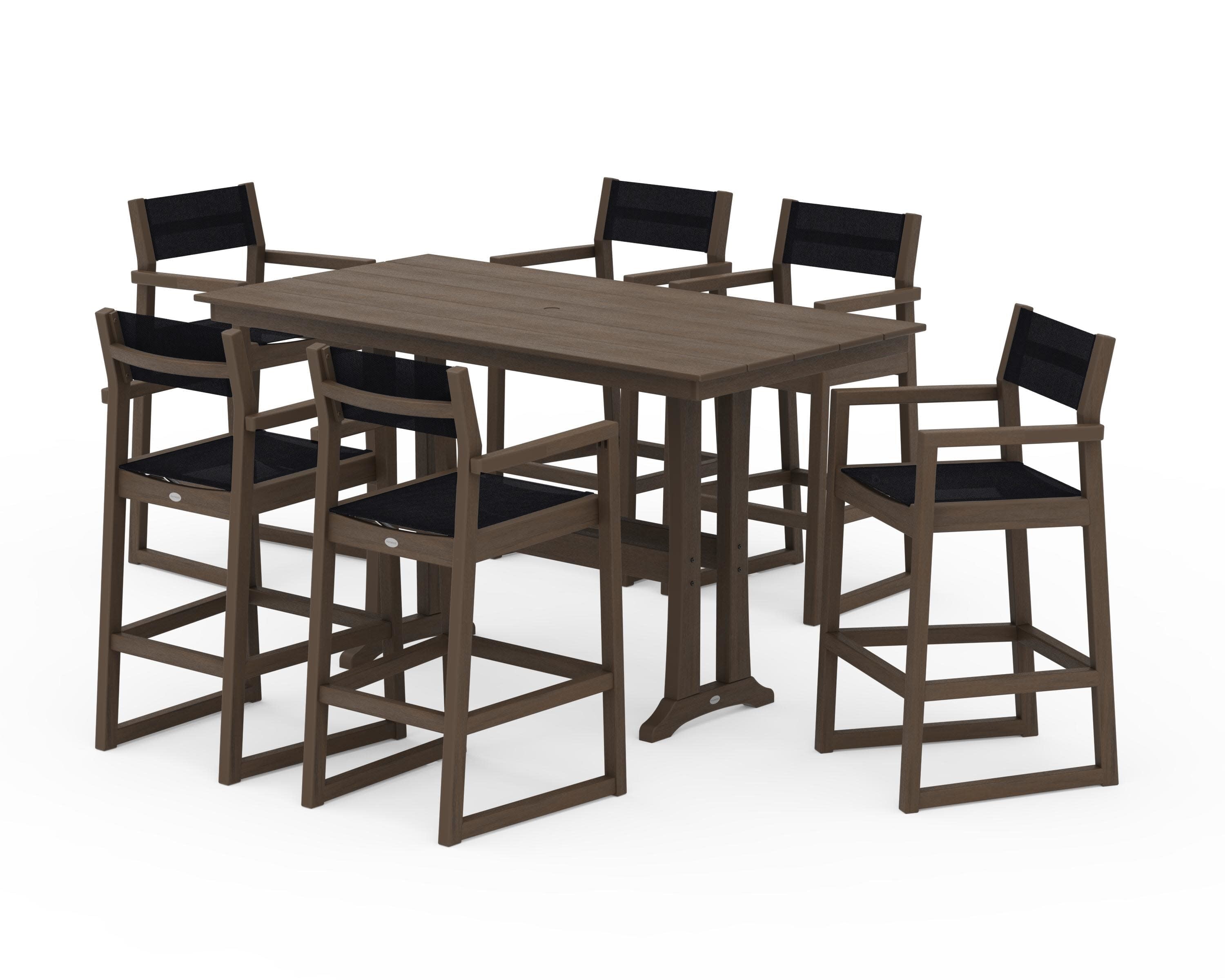 EDGE Sling Arm Chair 7-Piece Farmhouse Bar Set with Trestle Legs in Kona / Black Sling