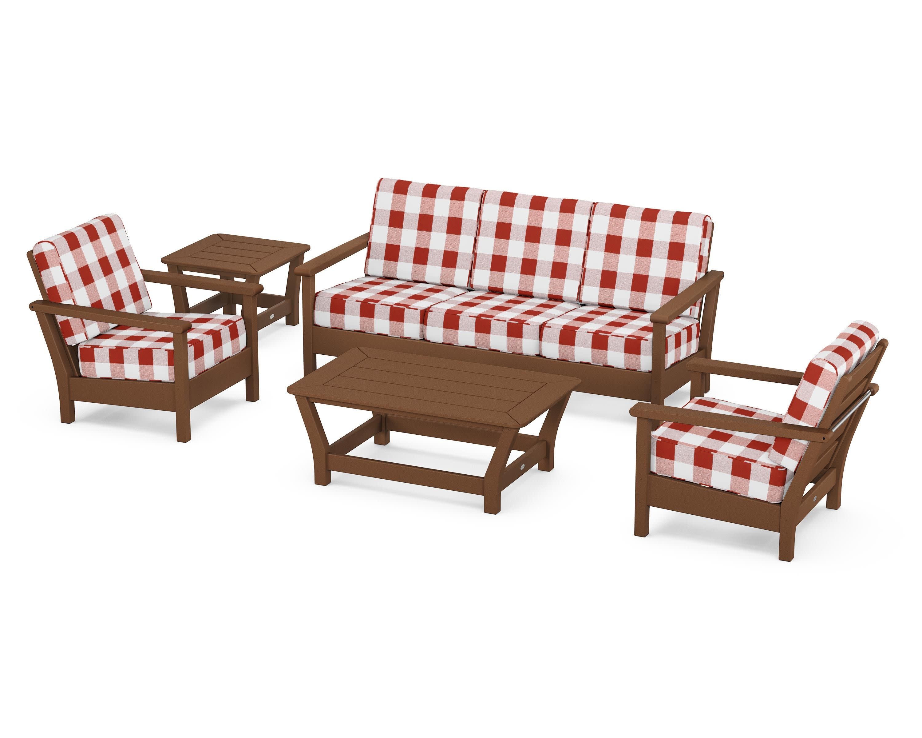 Harbour 5-Piece Deep Seating Set in Teak / Buffalo Plaid Crimson