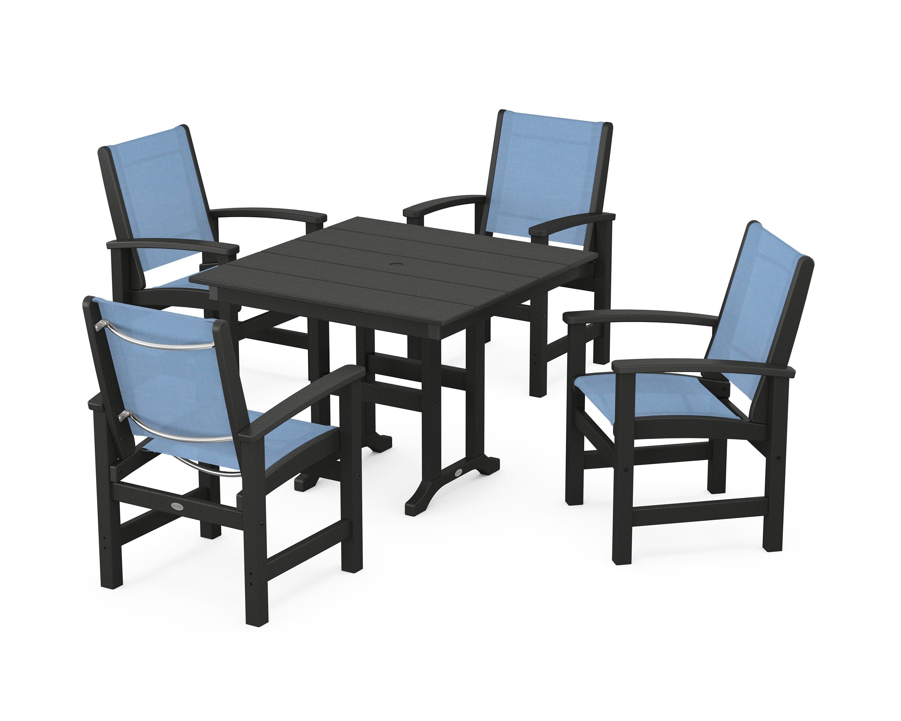 Coastal 5-Piece Farmhouse Dining Set in Black / Poolside Sling