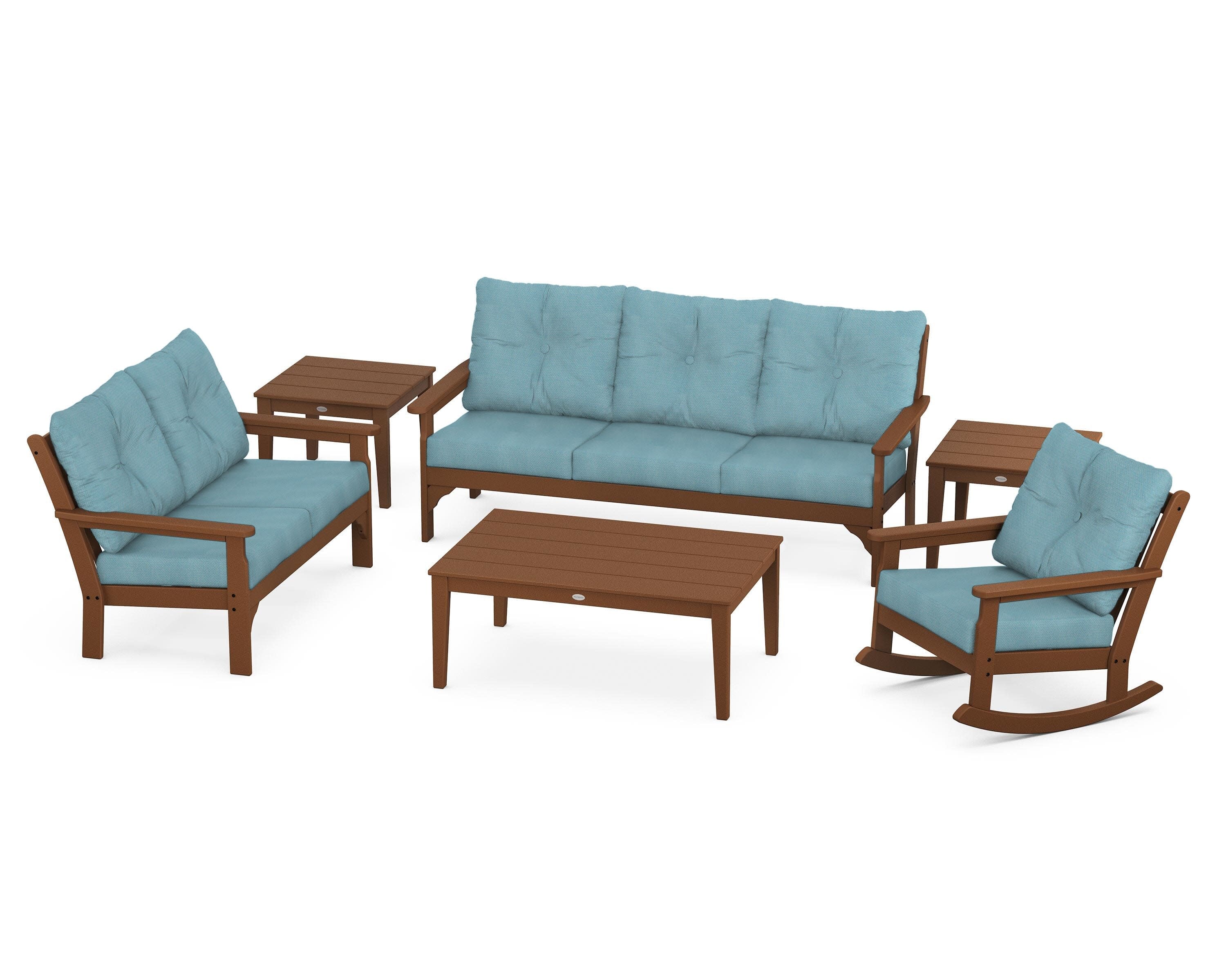 Vineyard 6-Piece Deep Seating Set in Teak / Lattice Sky Blue
