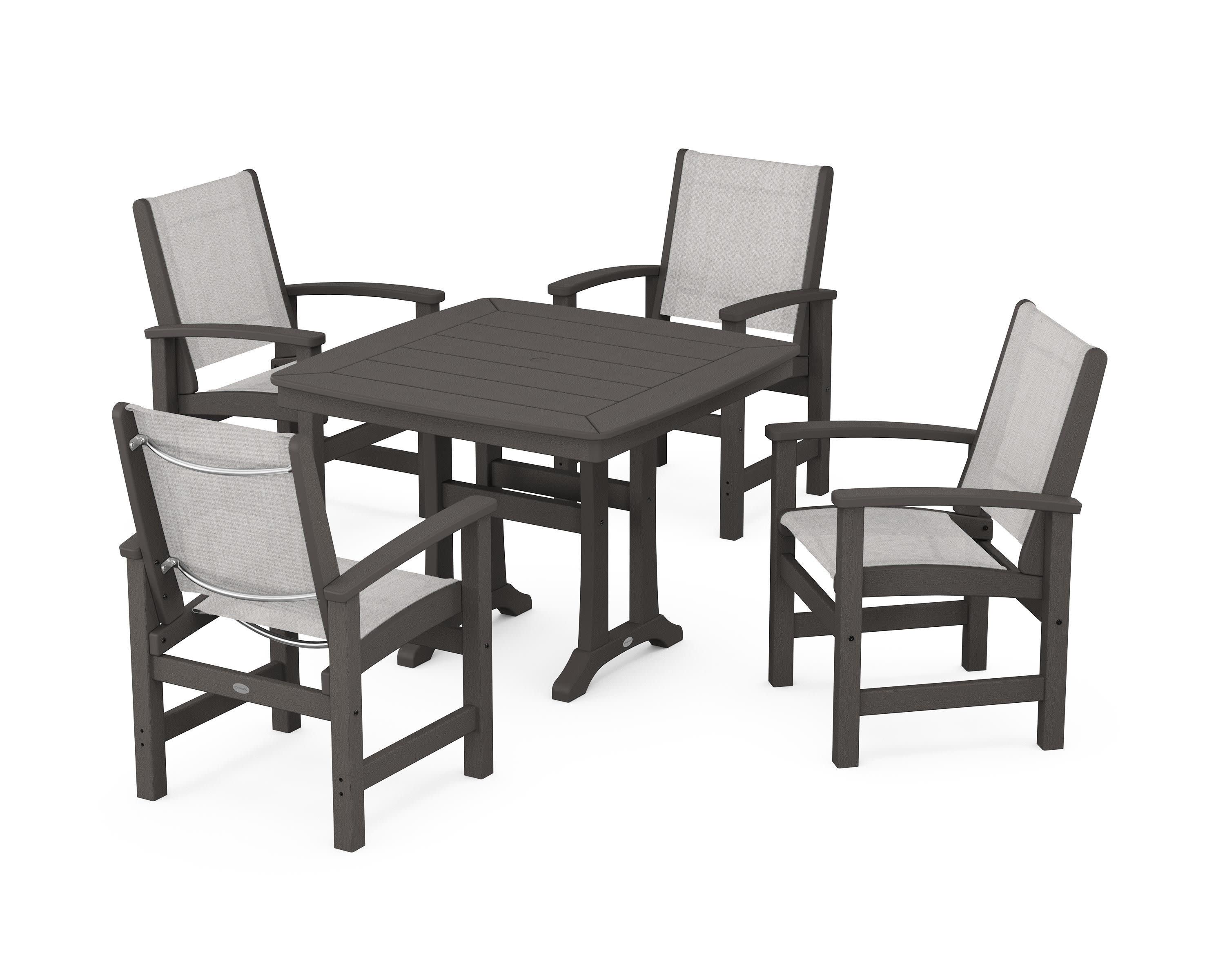 Coastal 5-Piece Dining Set with Trestle Legs in Vintage Coffee / Parchment Sling