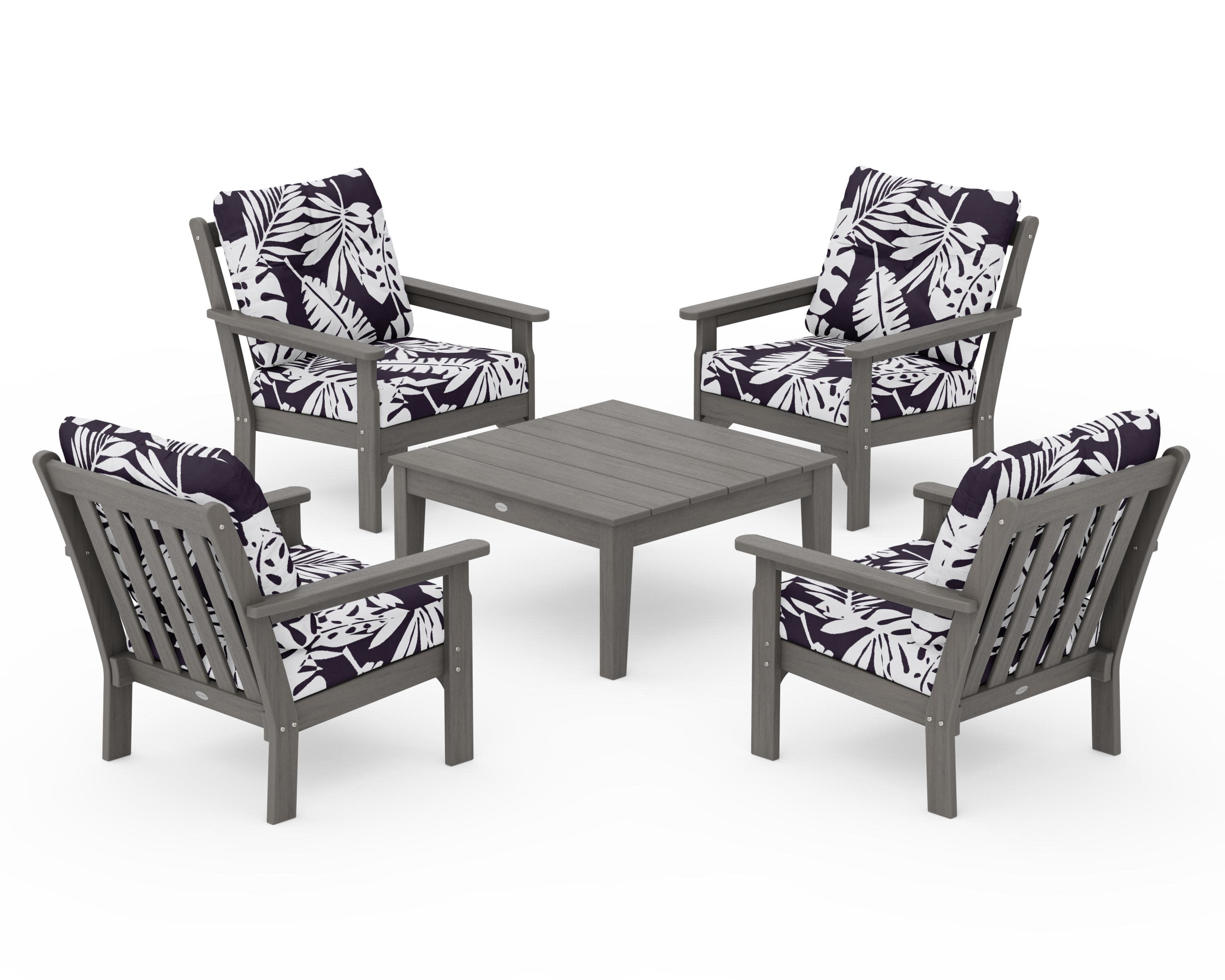 Vineyard 5-Piece Deep Seating Conversation Set in Driftwood / Leaf Navy