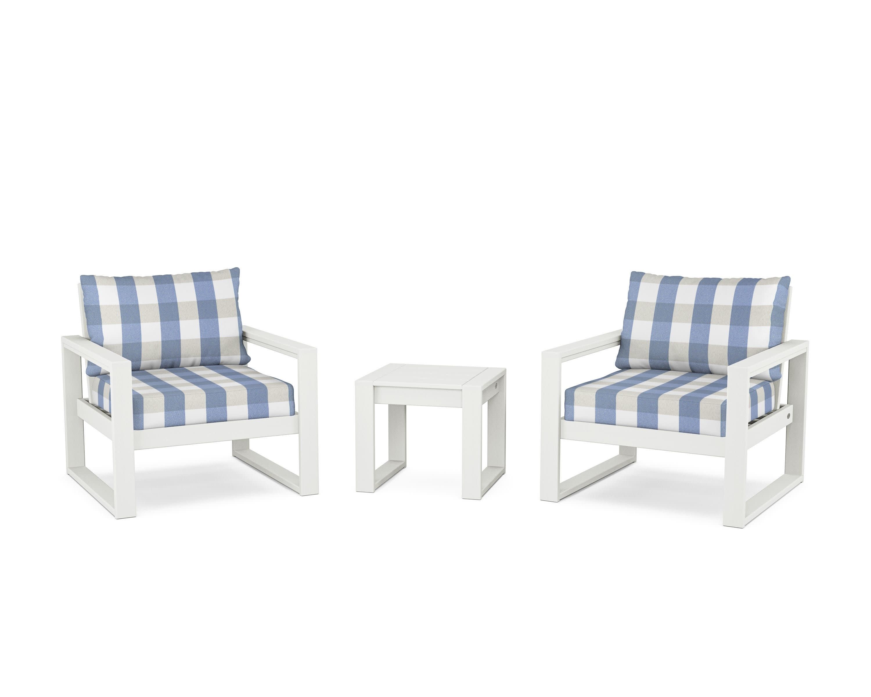 EDGE Sectional 3-Piece Deep Seating Set in Vintage White / Buffalo Plaid Sky Blue