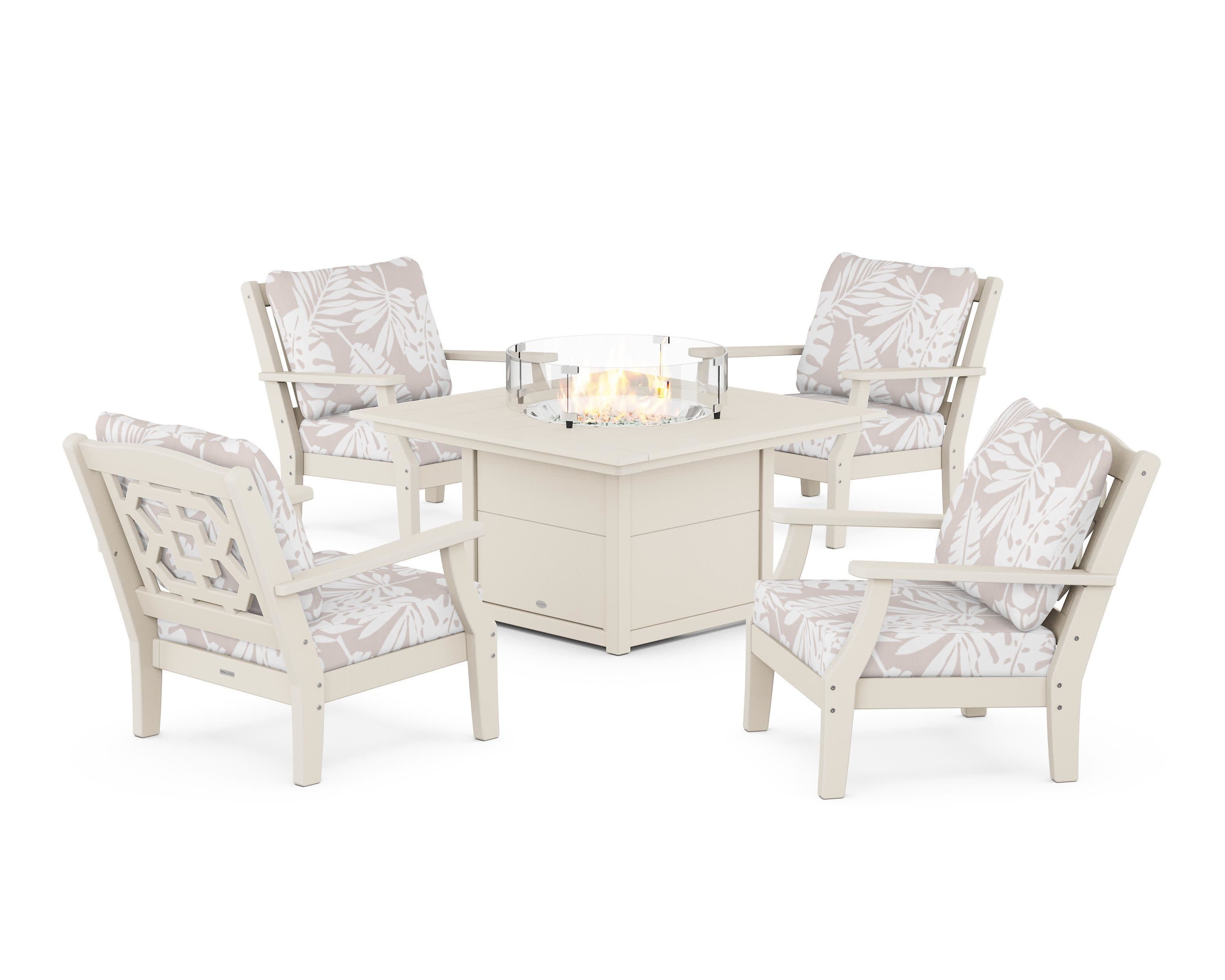 Chinoiserie 5-Piece Deep Seating Set with Fire Pit Table in Sand / Leaf Dune Burlap